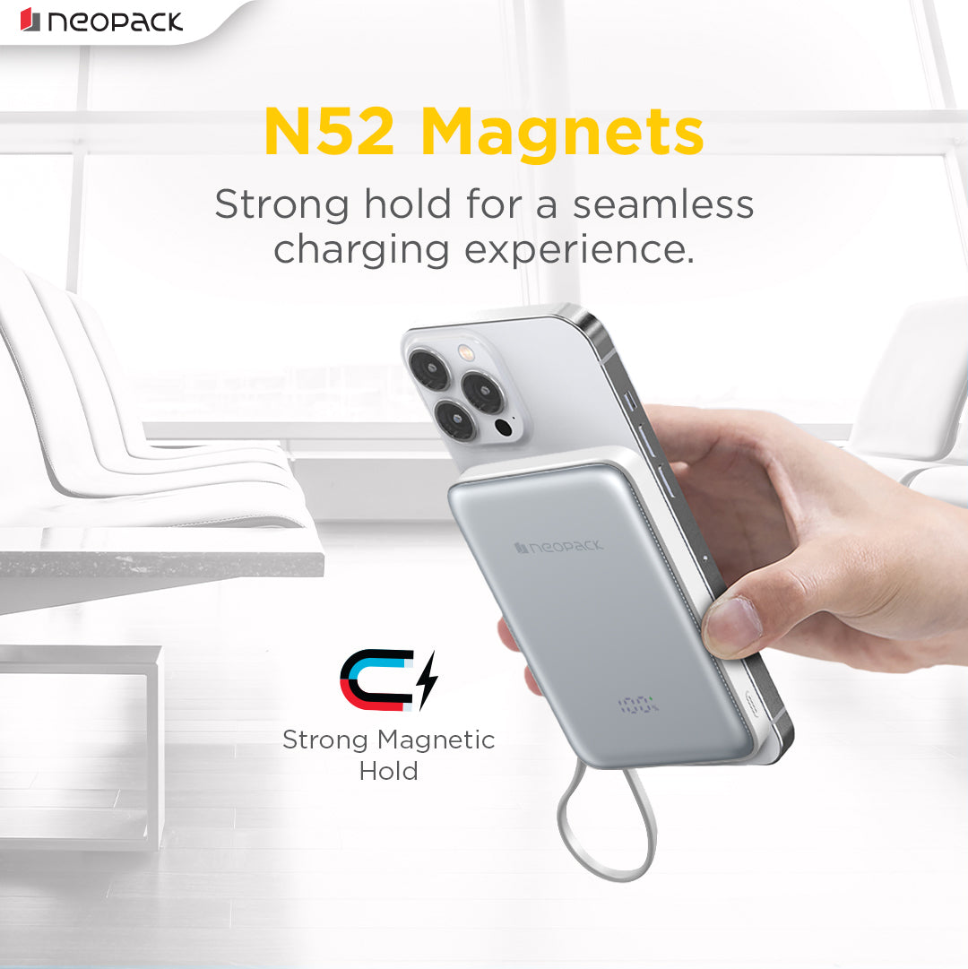 Powerline Digital Display Magnetic Power Bank 10000 mHA with Magsafe Wireless Charging Support @ 15W & Type C @ 20W PD (Silver)