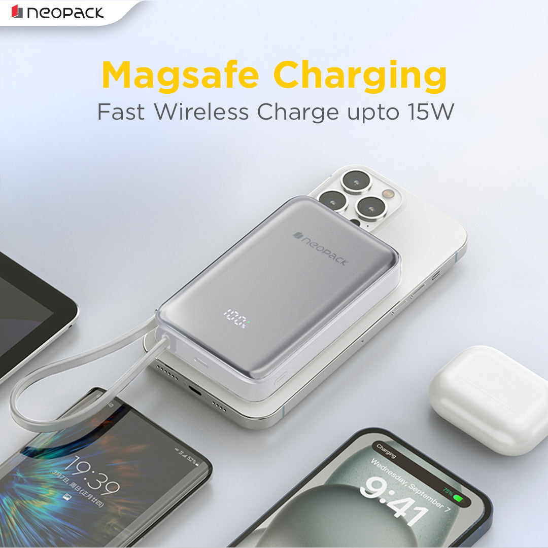 Powerline Digital Display Magnetic Power Bank 10000 mHA with Magsafe Wireless Charging Support @ 15W & Type C @ 20W PD (Silver)
