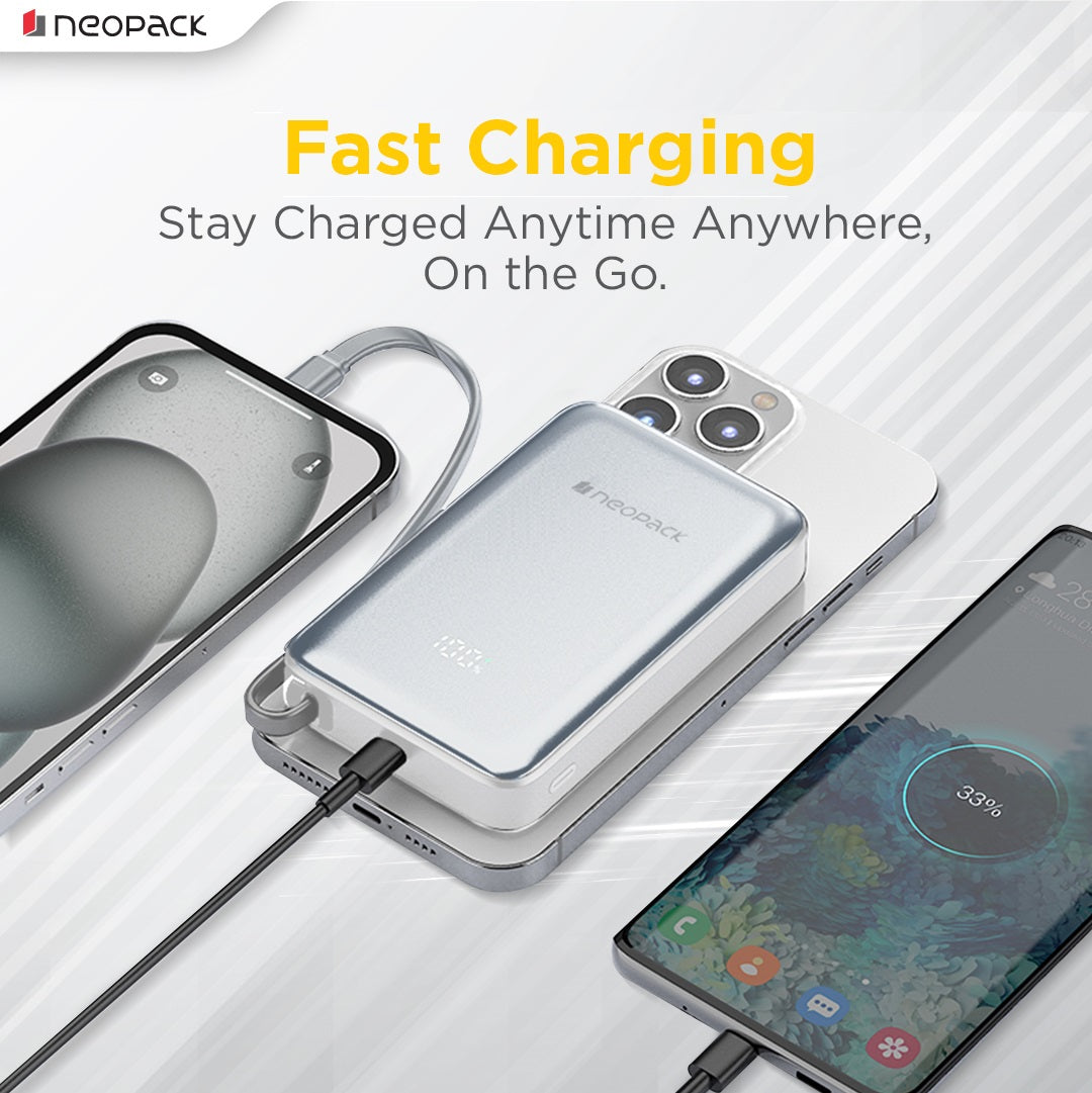 Powerline Digital Display Magnetic Power Bank 10000 mHA with Magsafe Wireless Charging Support @ 15W & Type C @ 20W PD (Silver)