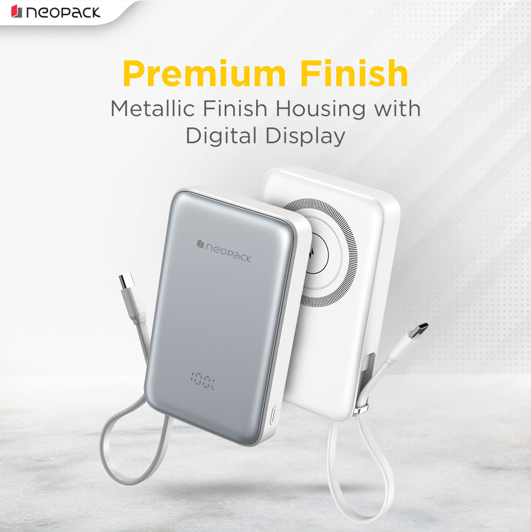 Powerline Digital Display Magnetic Power Bank 10000 mHA with Magsafe Wireless Charging Support @ 15W & Type C @ 20W PD (Silver)