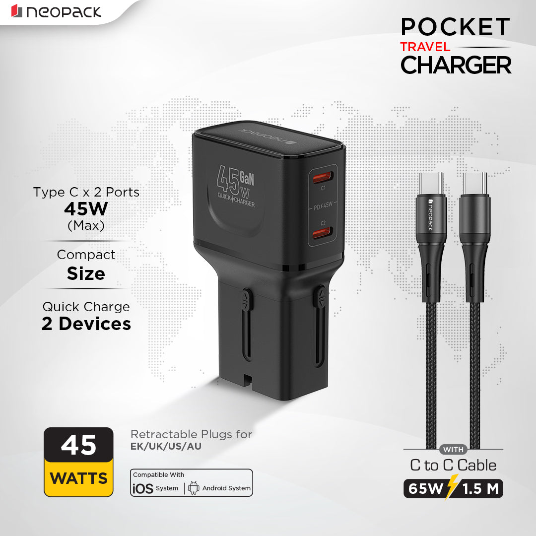 Pocket Travel Charger 45W Dual Port Fast Charging Adapter with USB-C Cable for MacBook Air/Pro, iPad, iPhone, Android devices, cameras, power banks, and more (Black)