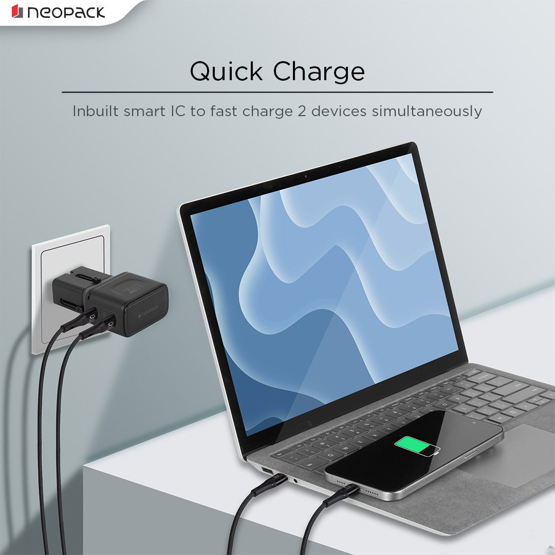 Pocket Travel Charger 45W Dual Port Fast Charging Adapter with USB-C Cable for MacBook Air/Pro, iPad, iPhone, Android devices, cameras, power banks, and more (Black)
