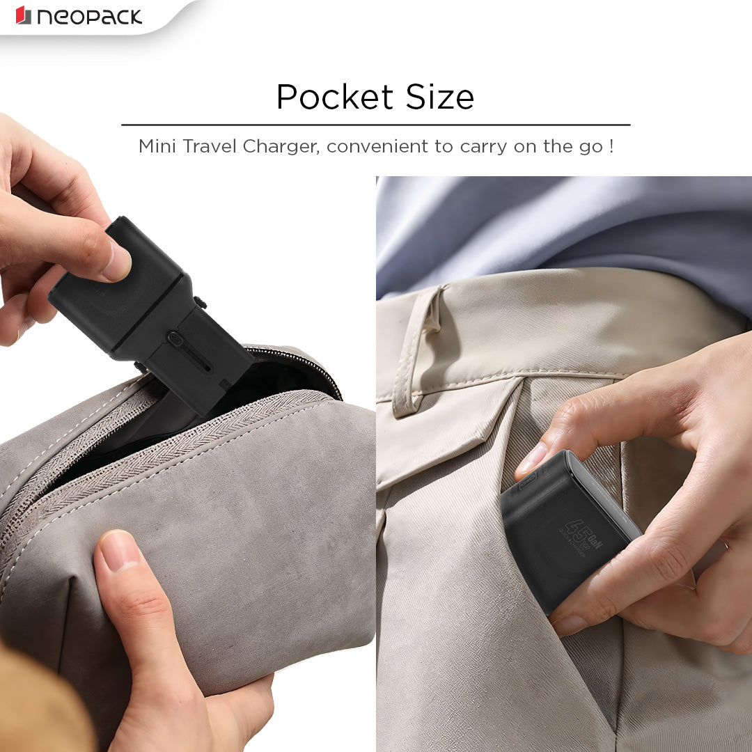 Pocket Travel Charger 45W Dual Port Fast Charging Adapter with USB-C Cable for MacBook Air/Pro, iPad, iPhone, Android devices, cameras, power banks, and more (Black)