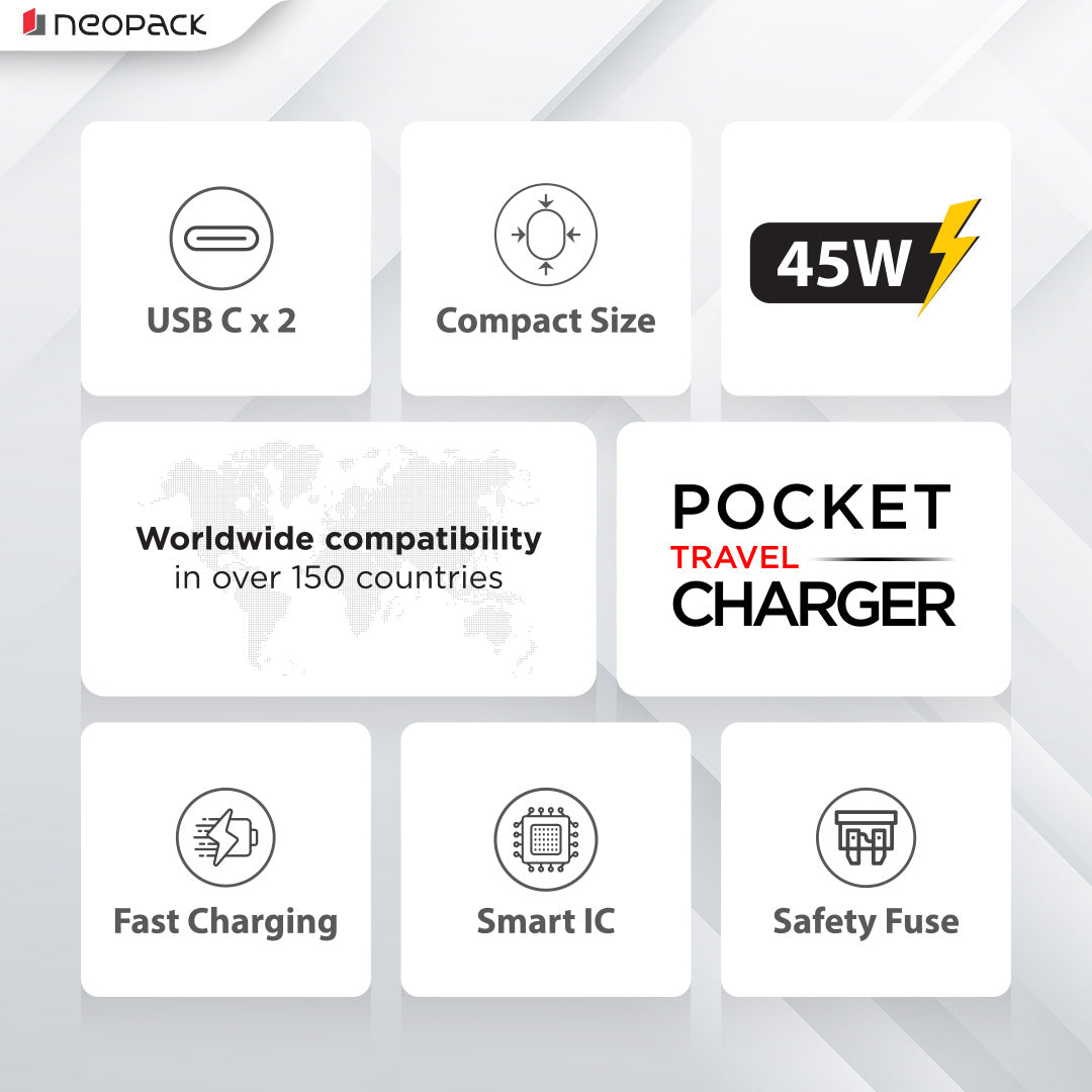 Pocket Travel Charger 45W Dual Port Fast Charging Adapter with USB-C Cable for MacBook Air/Pro, iPad, iPhone, Android devices, cameras, power banks, and more (Black)