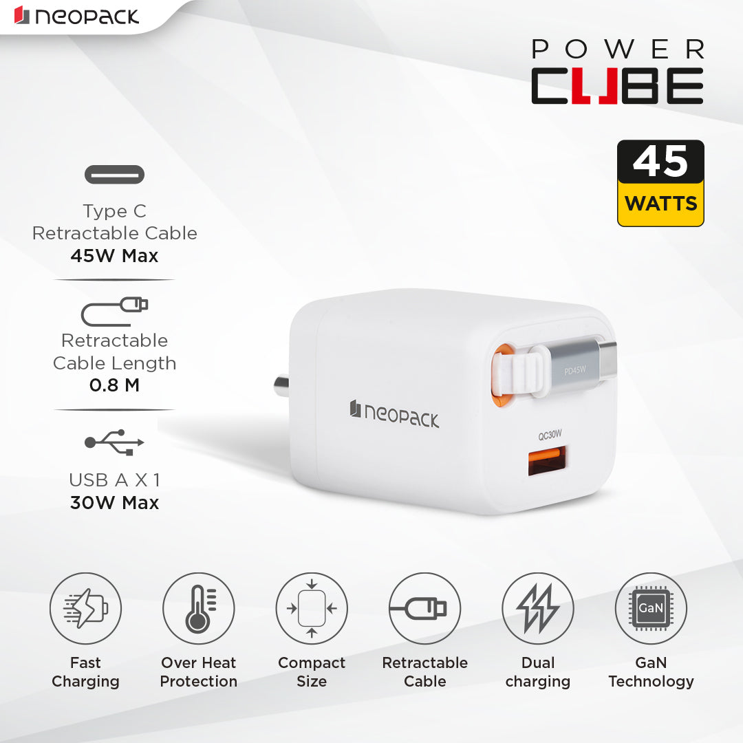 Power Cube 45W Wall Charger with Retractable Cable for iPhone, Samsung Galaxy, Pixel, iPad, AirPods & More (White)