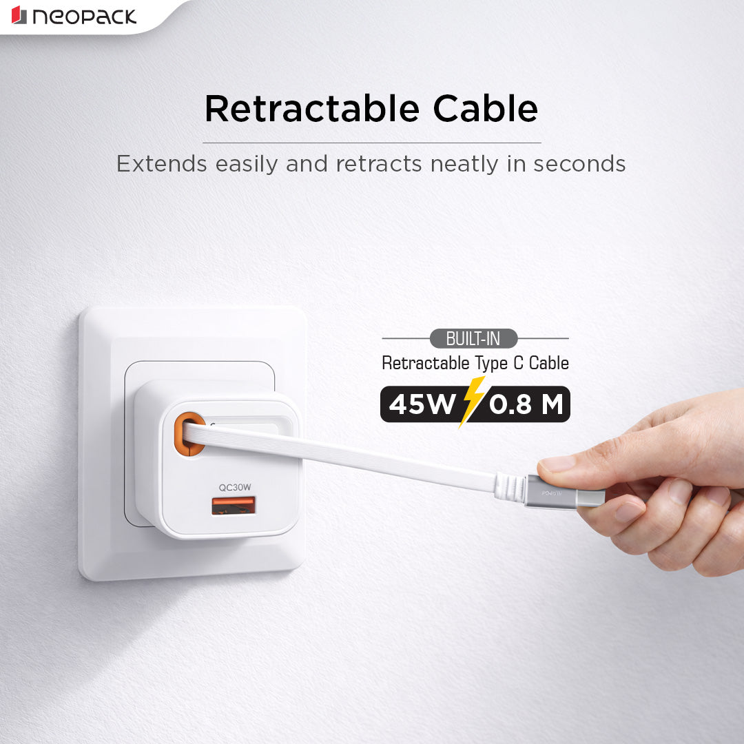 Power Cube 45W Wall Charger with Retractable Cable for iPhone, Samsung Galaxy, Pixel, iPad, AirPods & More (White)