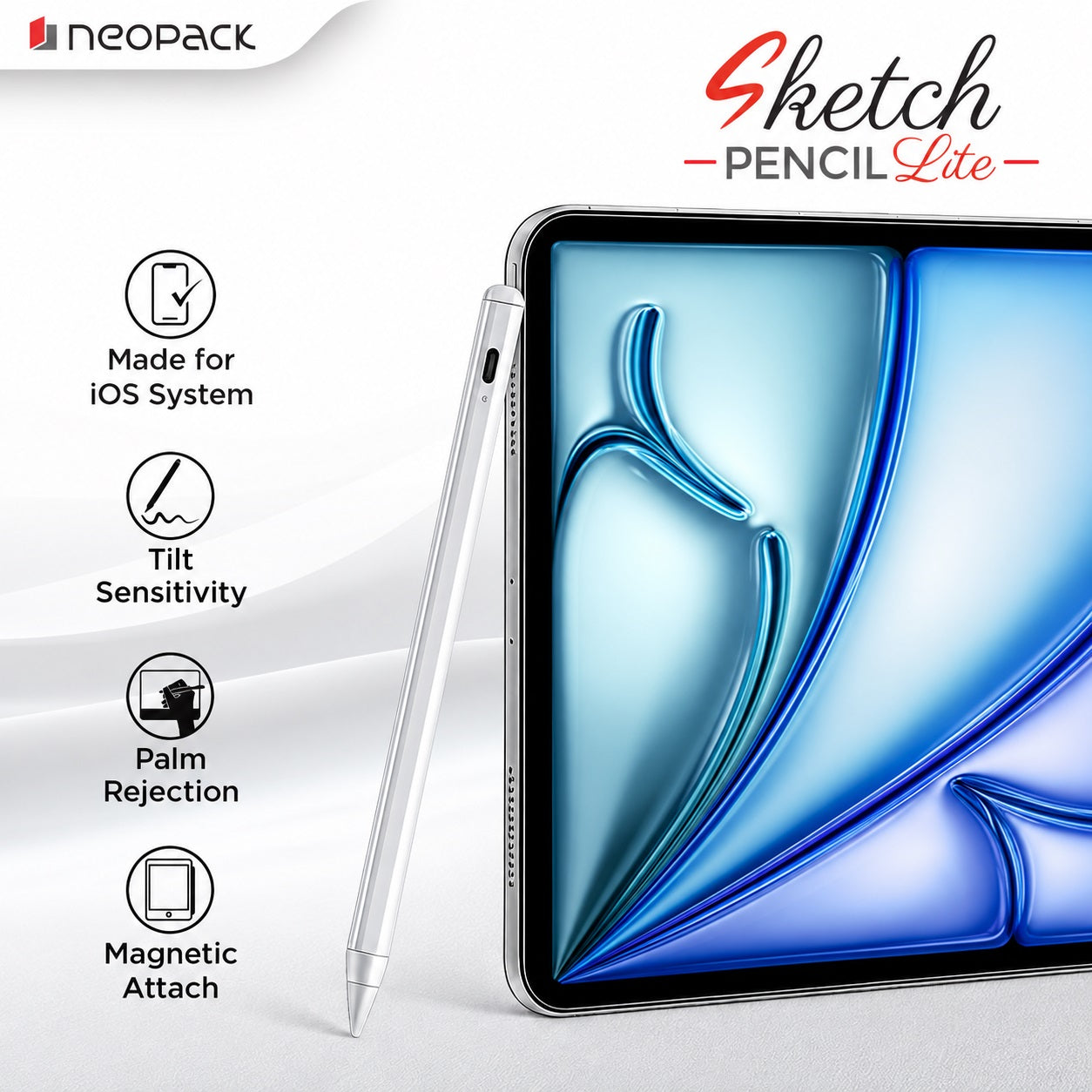 Sketch Pencil Lite Stylus Pen with Tilt Sensitivity, Palm Rejection, Strong Magnetic Attachment for Apple iPad (White)