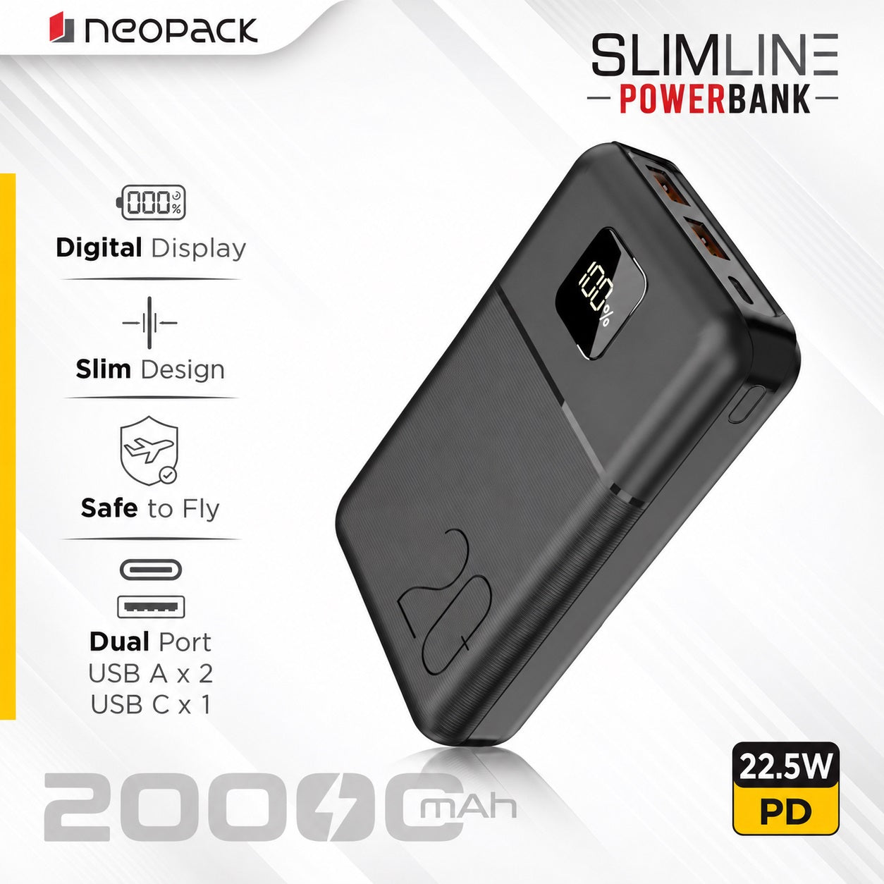 Slimline Power Bank 20000 mAH | 22.5W Fast Charging | Digital Display | Slim Pocket Size Portable Charger (Black)