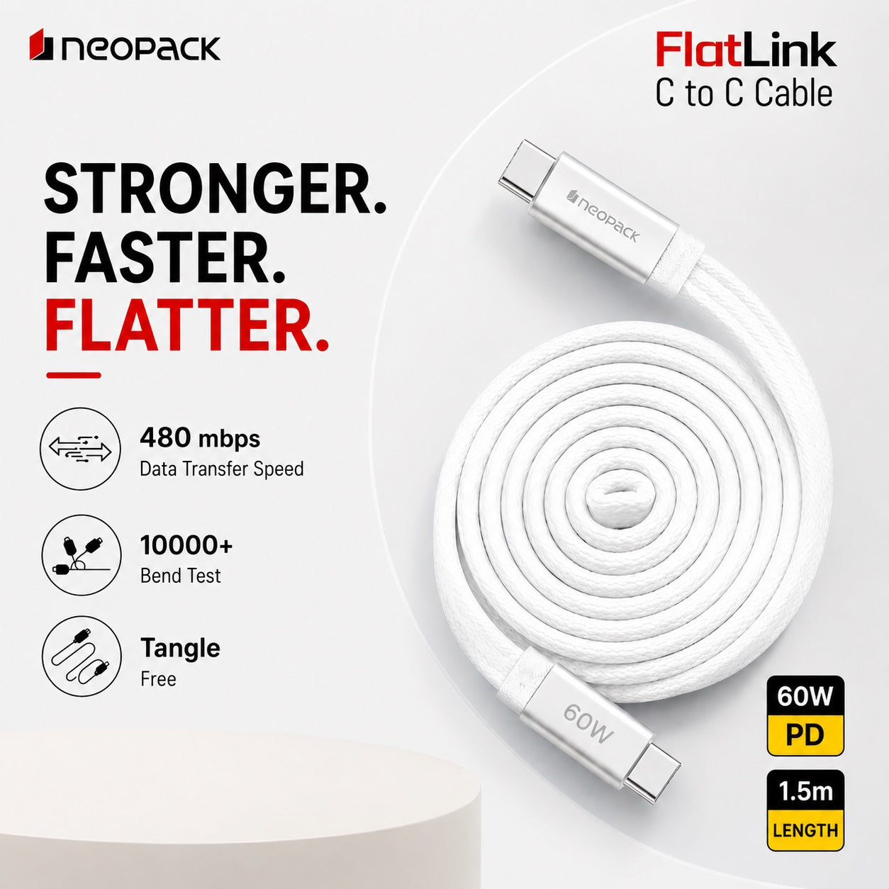 Flatlink Type-C to C 60W PD Fast Charging Cable with Braided Design & 480Mbps Data Sync 1.5M (White)