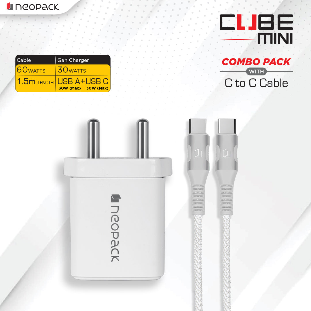 Cube Mini 30W Dual Port Fast Charging Adapter with 60W USB-C to C cable for Smartphones / iPhone, Tablet IOS / Android, Power Banks, Earbuds and Other USB-C Devices (White)