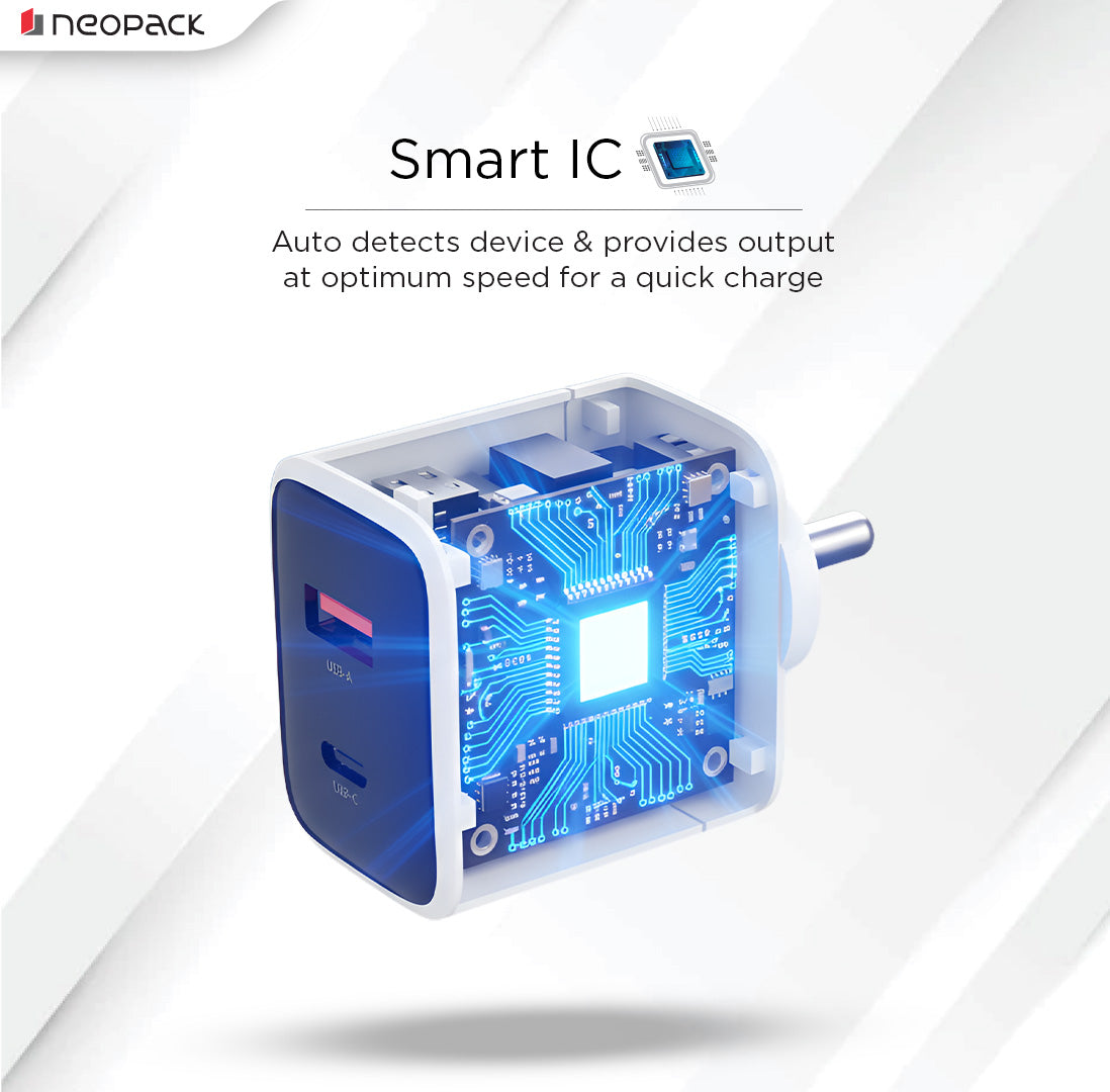 Dual Port USB-C & A 33W Fast Charging GAN Adapter for Smartphones / iPhone, Tablet, Power Banks, Earbuds and More (White)