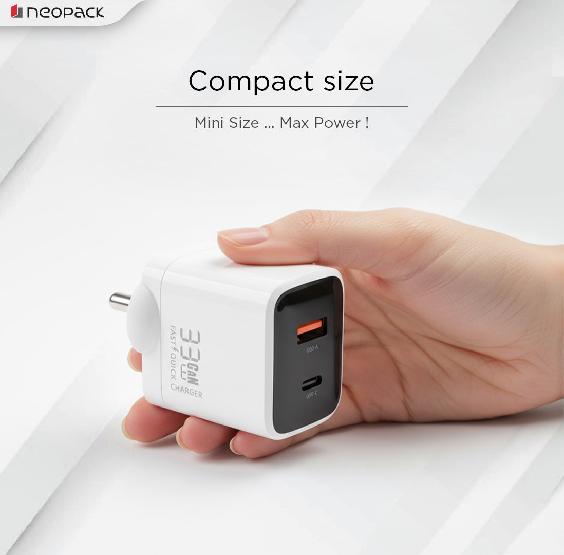 Dual Port USB-C & A 33W Fast Charging GAN Adapter for Smartphones / iPhone, Tablet, Power Banks, Earbuds and More (White)