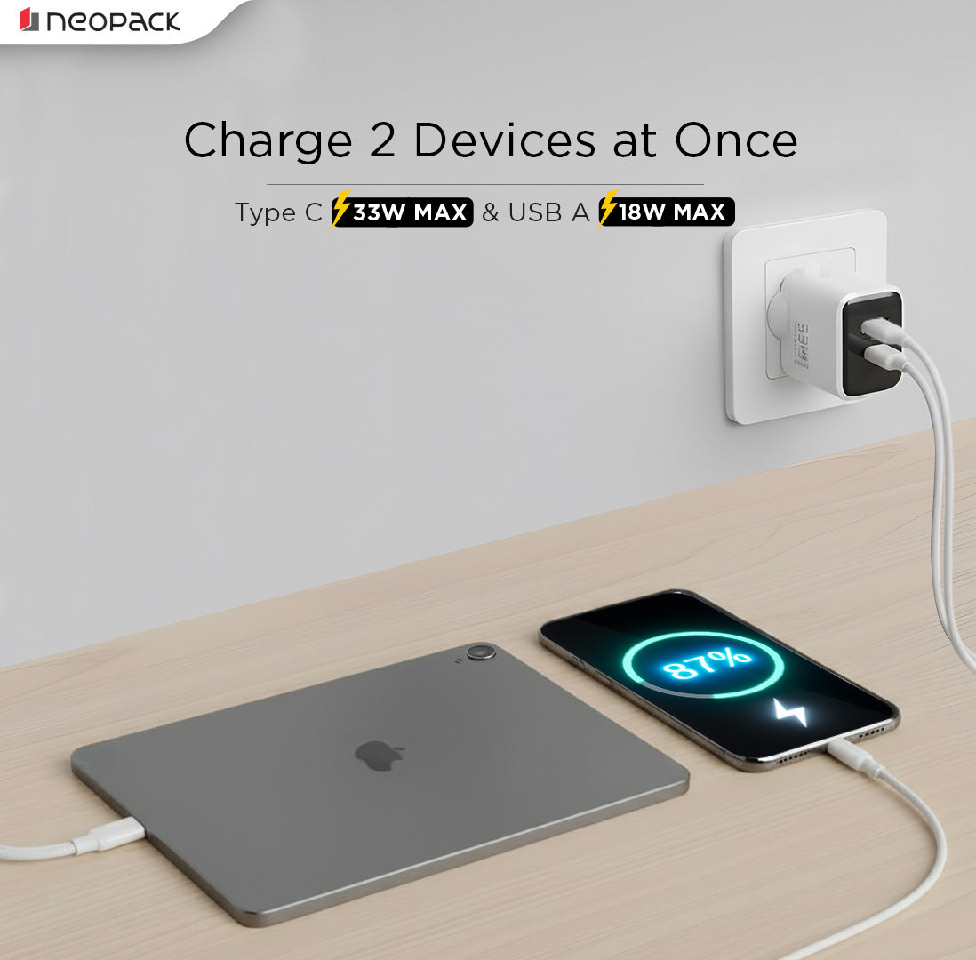 Dual Port USB-C & A 33W Fast Charging GAN Adapter for Smartphones / iPhone, Tablet, Power Banks, Earbuds and More (White)