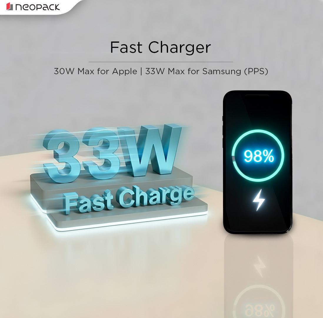 Dual Port USB-C & A 33W Fast Charging GAN Adapter for Smartphones / iPhone, Tablet, Power Banks, Earbuds and More (White)