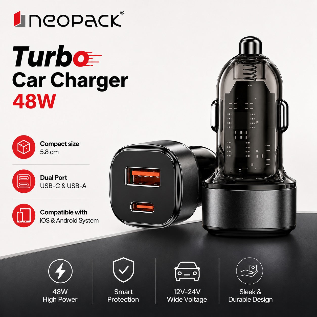 48W Dual Port Turbo Car Charger with USB-C @ 30W & USB-A @ 18W Max (Black)