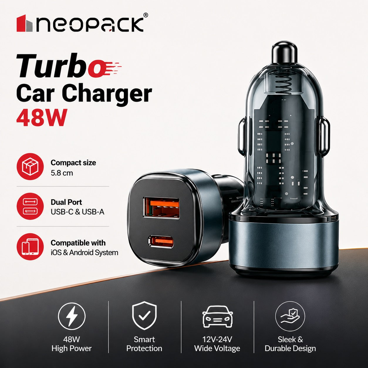48W Dual Port Turbo Car Charger with USB-C @ 30W & USB-A @ 18W Max (Blue)