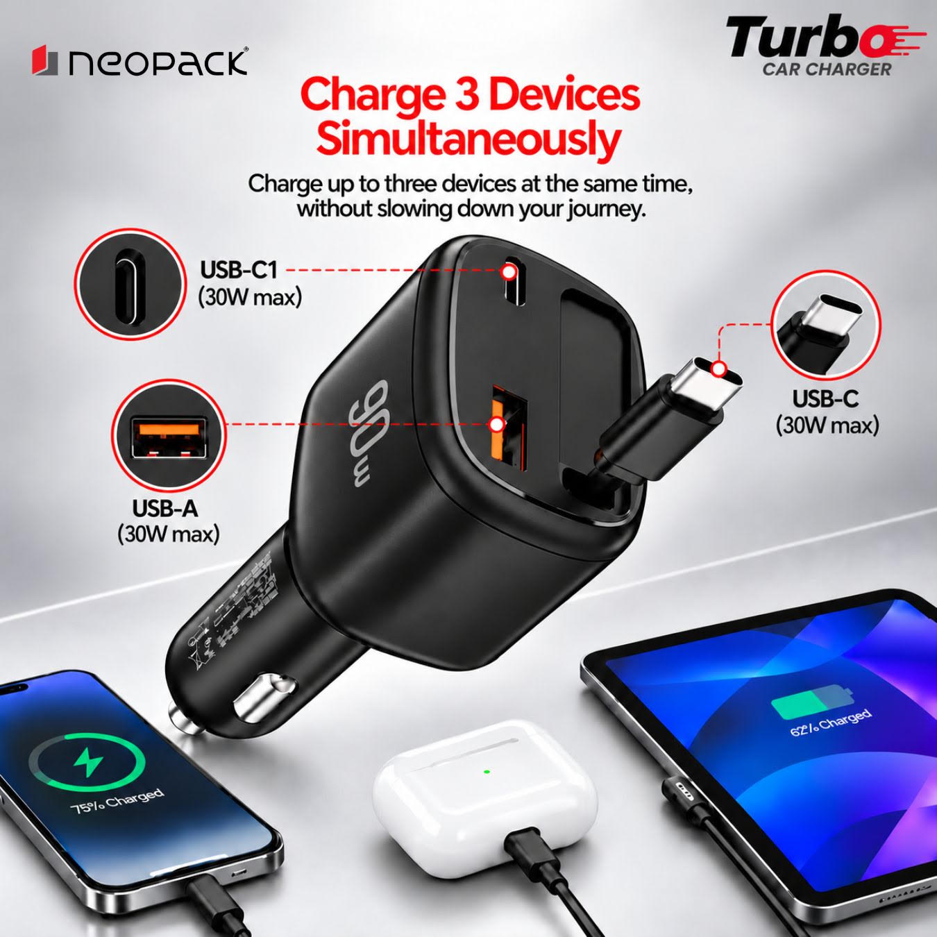 Neopack 90W Turbo Car Charger with Retractable Cable and LED Display (Black)