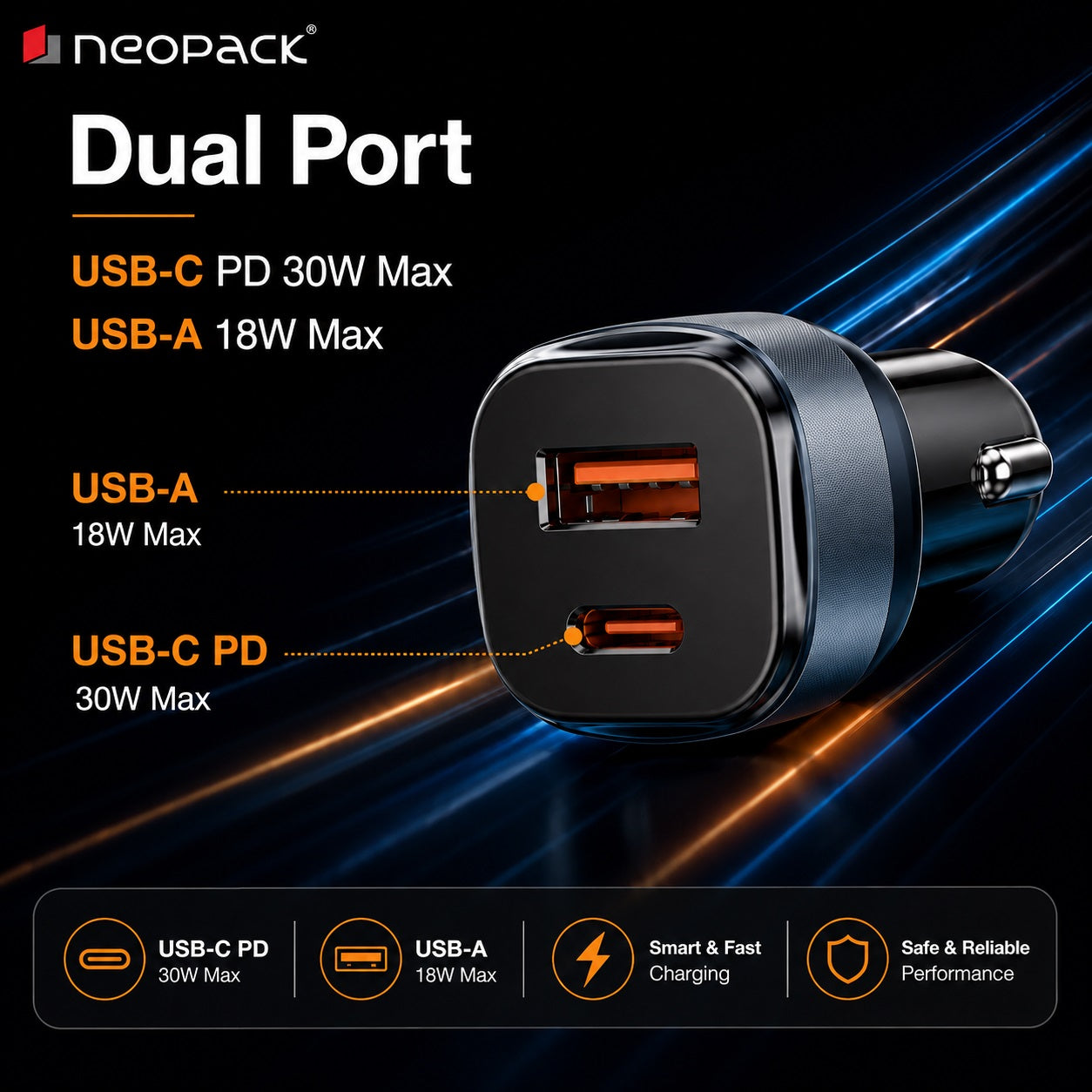 48W Dual Port Turbo Car Charger with USB-C @ 30W & USB-A @ 18W Max (Blue)