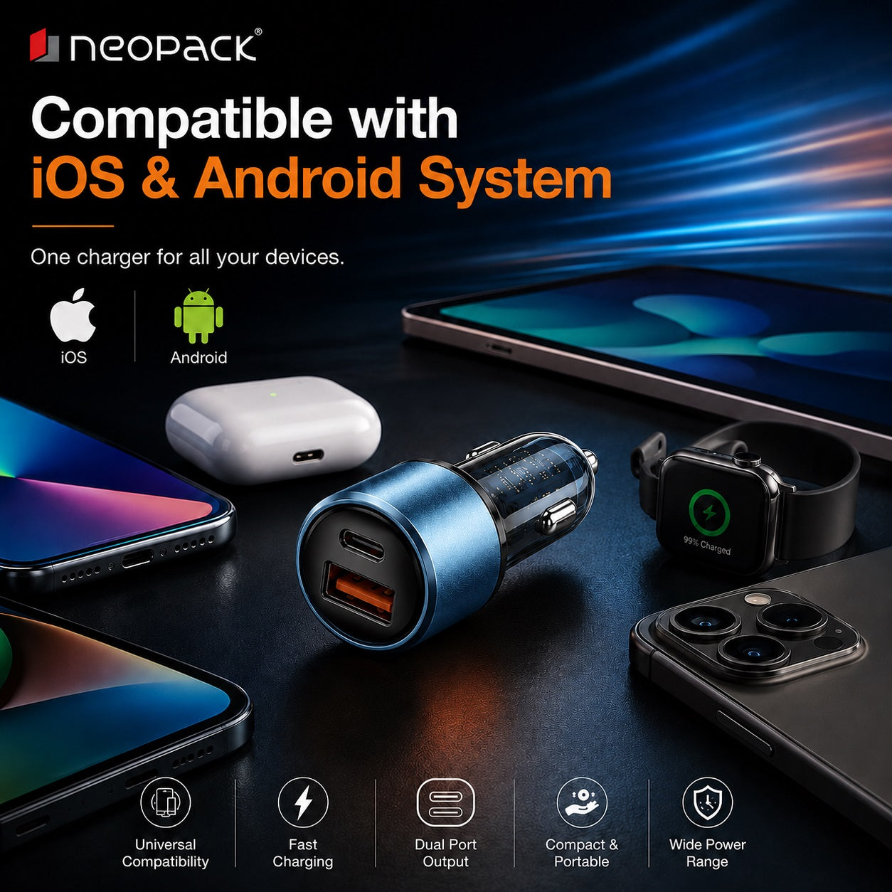 48W Dual Port Turbo Car Charger with USB-C @ 30W & USB-A @ 18W Max (Blue)