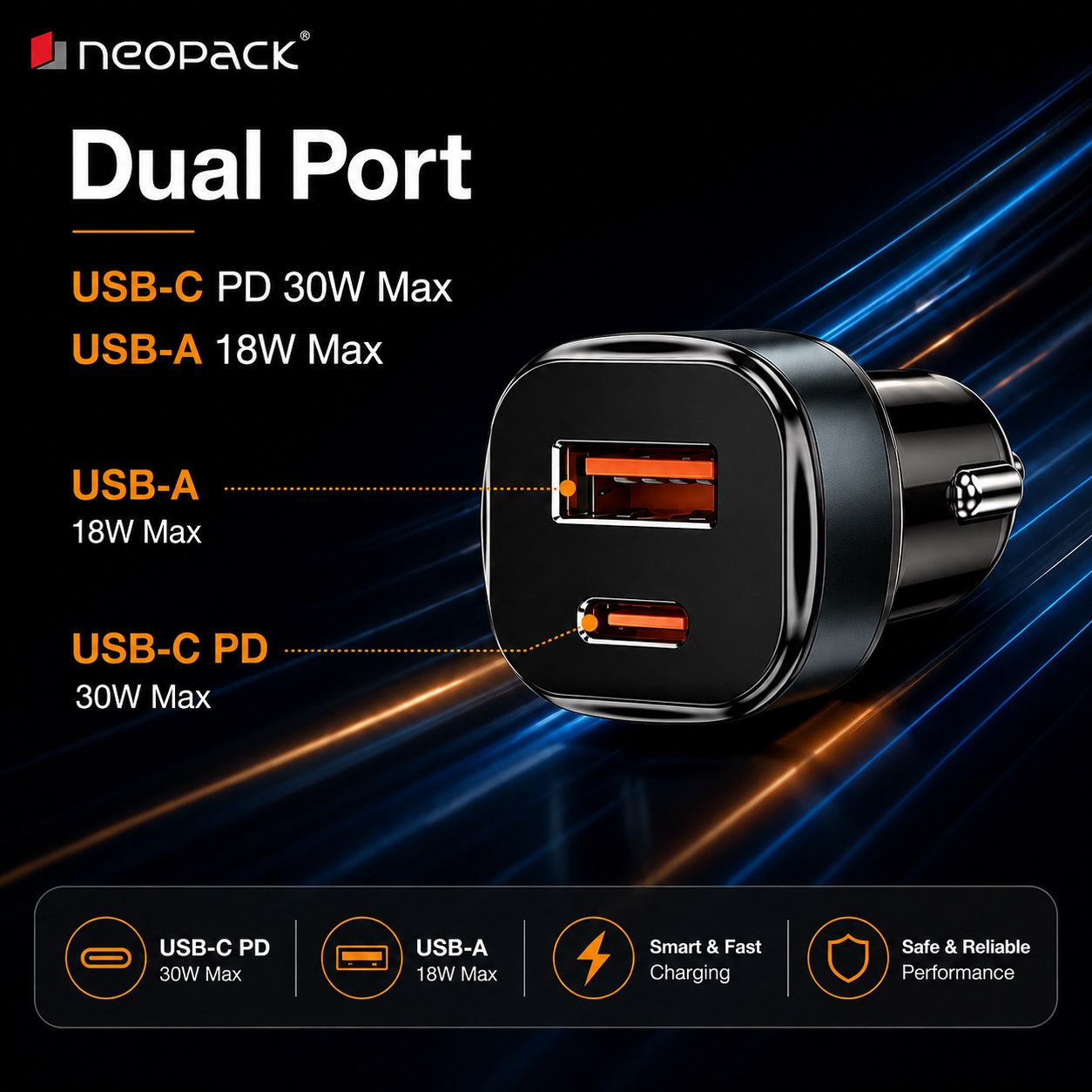 48W Dual Port Turbo Car Charger with USB-C @ 30W & USB-A @ 18W Max (Black)