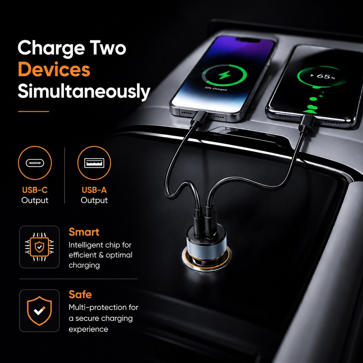 48W Dual Port Turbo Car Charger with USB-C @ 30W & USB-A @ 18W Max (Blue)