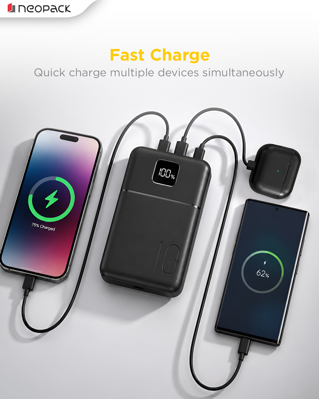 Slimline Power Bank 10000 mAH | 22.5W Fast Charging | Digital Display | Slim Pocket Size Portable Charger (Black)
