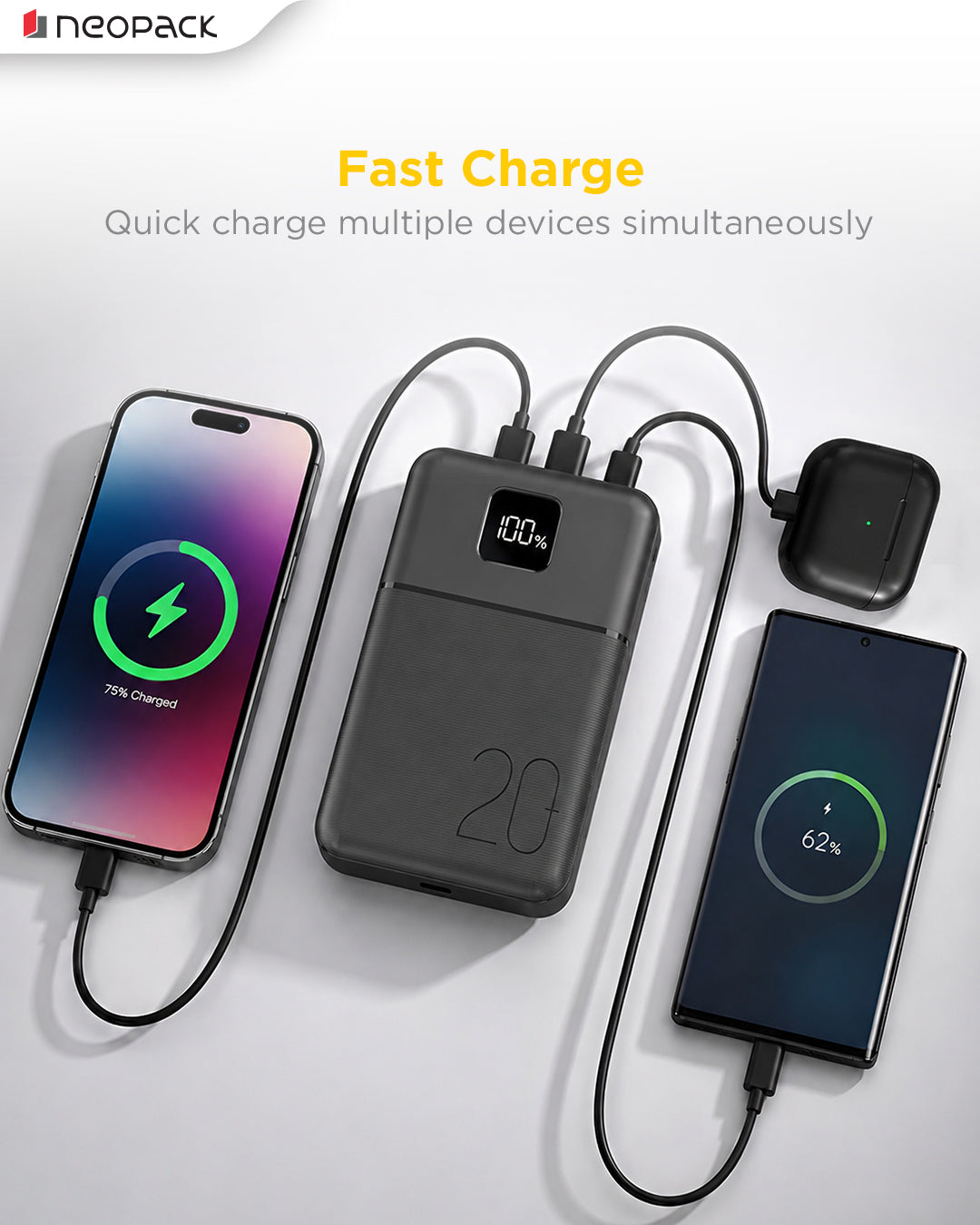 Slimline Power Bank 20000 mAH | 22.5W Fast Charging | Digital Display | Slim Pocket Size Portable Charger (Black)