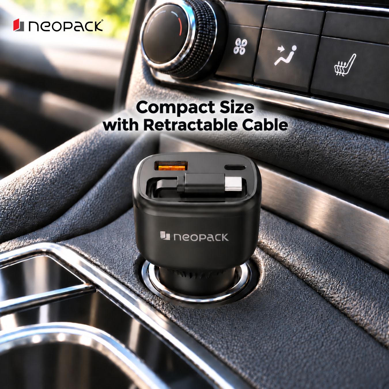 Neopack 90W Turbo Car Charger with Retractable Cable and LED Display (Black)