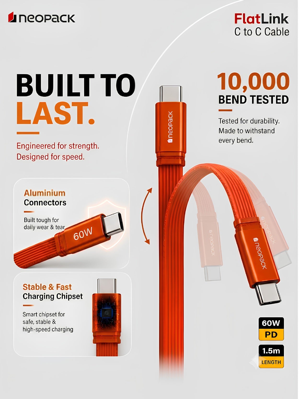 Flatlink Type-C to C 60W PD Fast Charging Cable with Braided Design & 480Mbps Data Sync 1.5M (Orange)