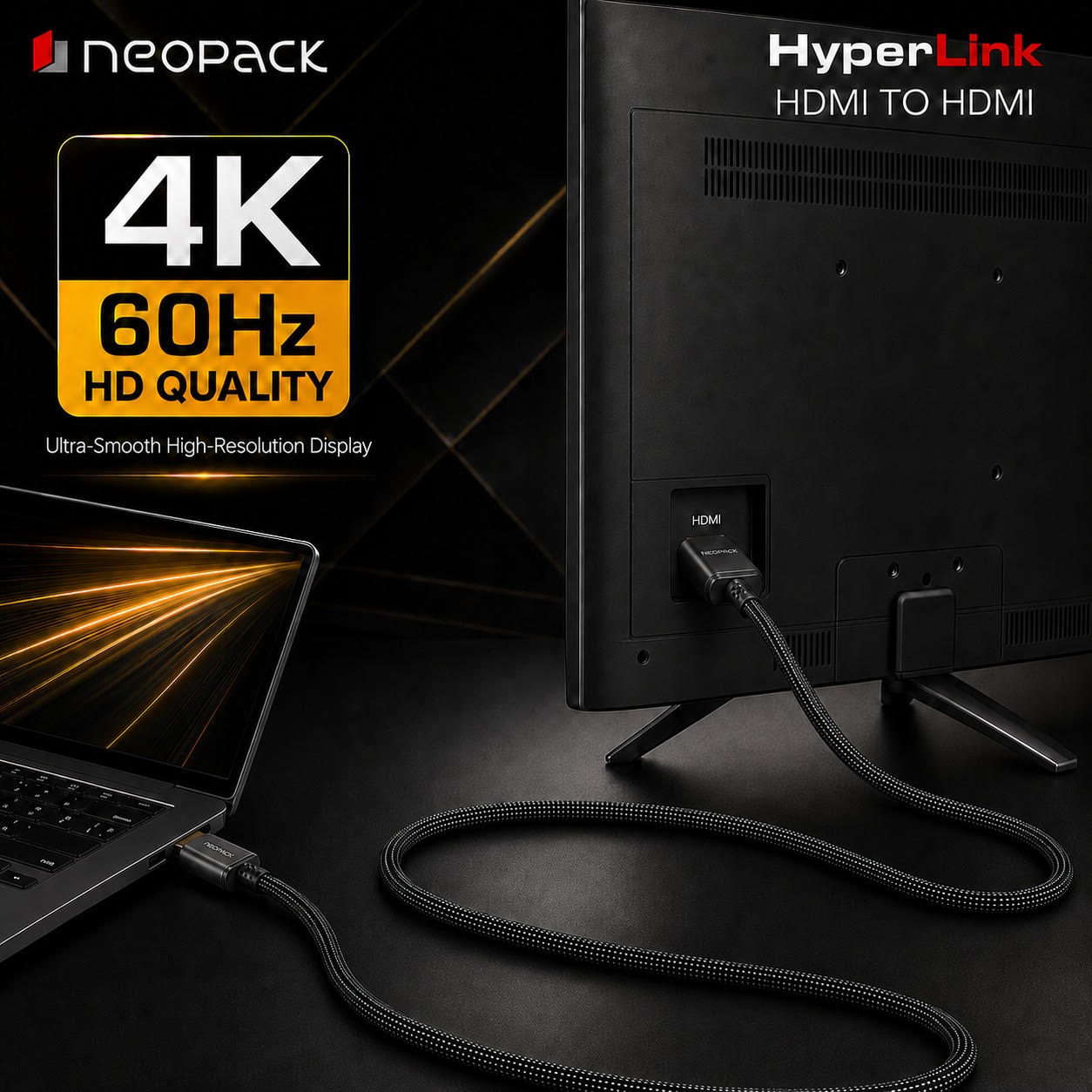 Hyperlink 4K HDMI to HDMI High-Speed Cable with Braided Nylon Material for TV, Monitor, Laptop, Projector & Gaming (Length: 3 Meter)