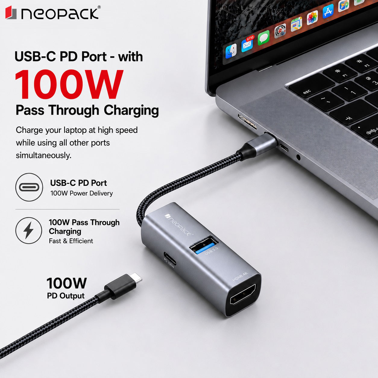 3IN1 Type-C HUB with USB 3.0, Type-C 100W PD, HDMI Ports (Space Grey)