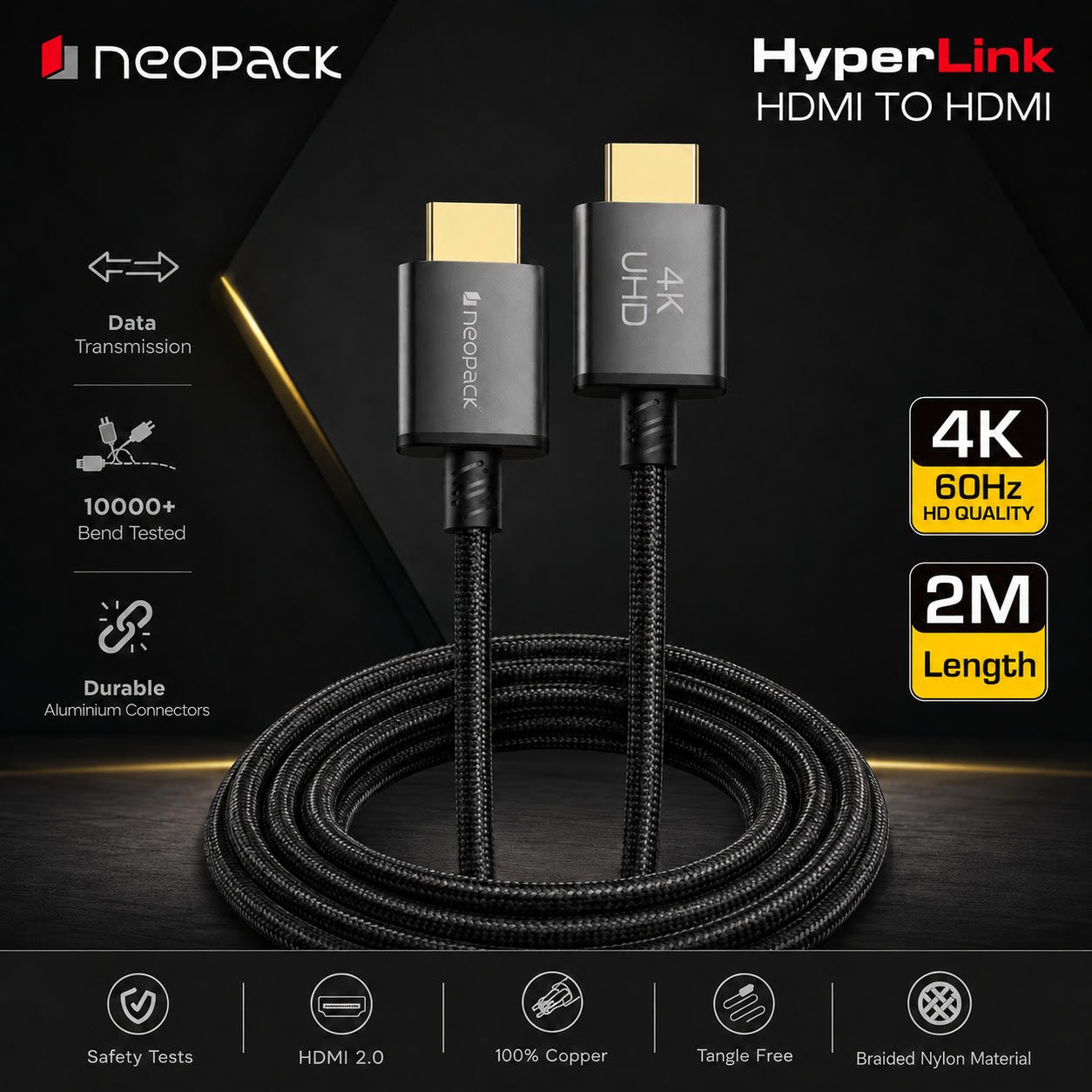Hyperlink 4K HDMI to HDMI High-Speed Cable with Braided Nylon Material for TV, Monitor, Laptop, Projector & Gaming (Length: 2 Meter)