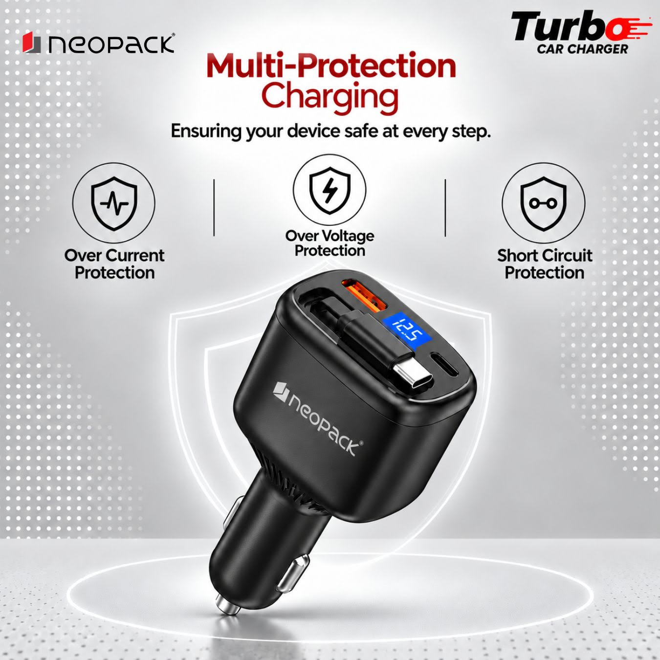 Neopack 90W Turbo Car Charger with Retractable Cable and LED Display (Black)