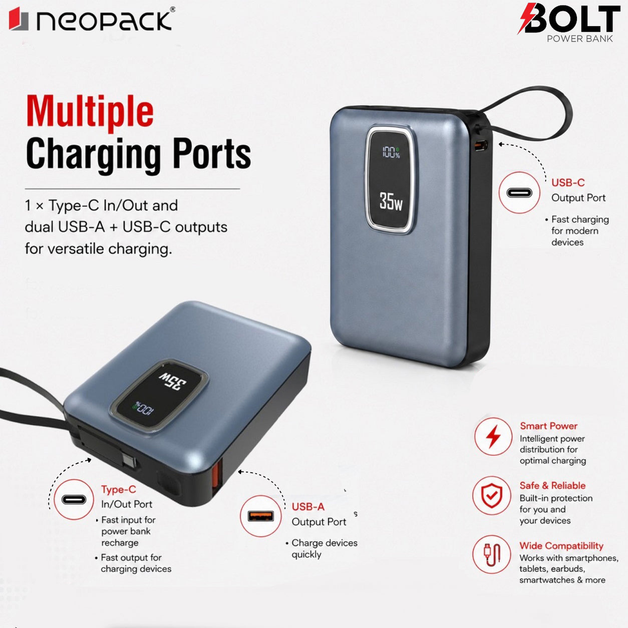 Bolt Power Bank 10000 mAh with 35W PD Fast Charging for Macbooks, Smartphones, Tablets, earbuds, smartwatches and more (Midnight Blue)