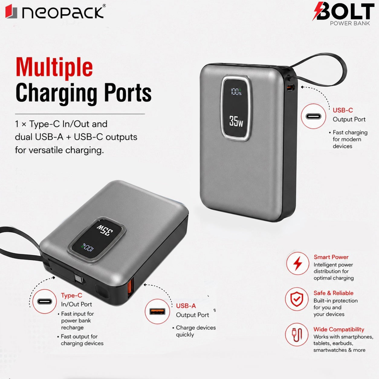 Bolt Power Bank 10000 mAh with 35W PD Fast Charging for Macbooks, Smartphones, Tablets, earbuds, smartwatches and more (Space Grey)