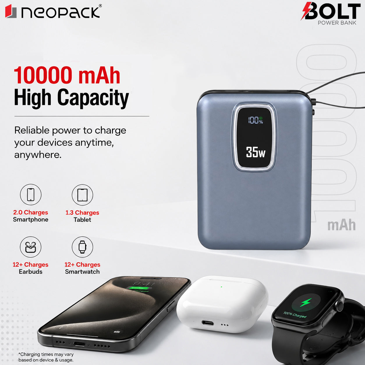 Bolt Power Bank 10000 mAh with 35W PD Fast Charging for Macbooks, Smartphones, Tablets, earbuds, smartwatches and more (Midnight Blue)