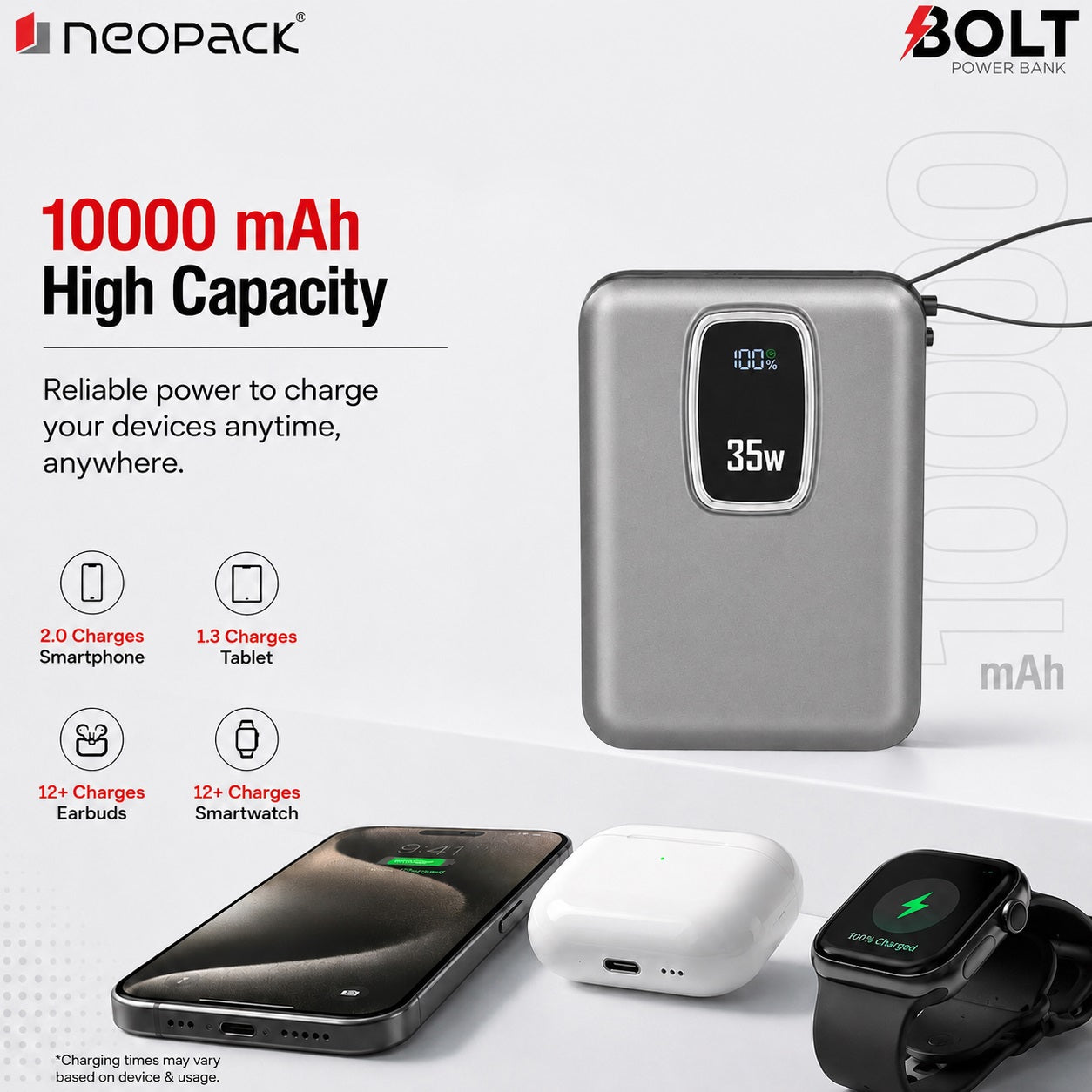 Bolt Power Bank 10000 mAh with 35W PD Fast Charging for Macbooks, Smartphones, Tablets, earbuds, smartwatches and more (Space Grey)