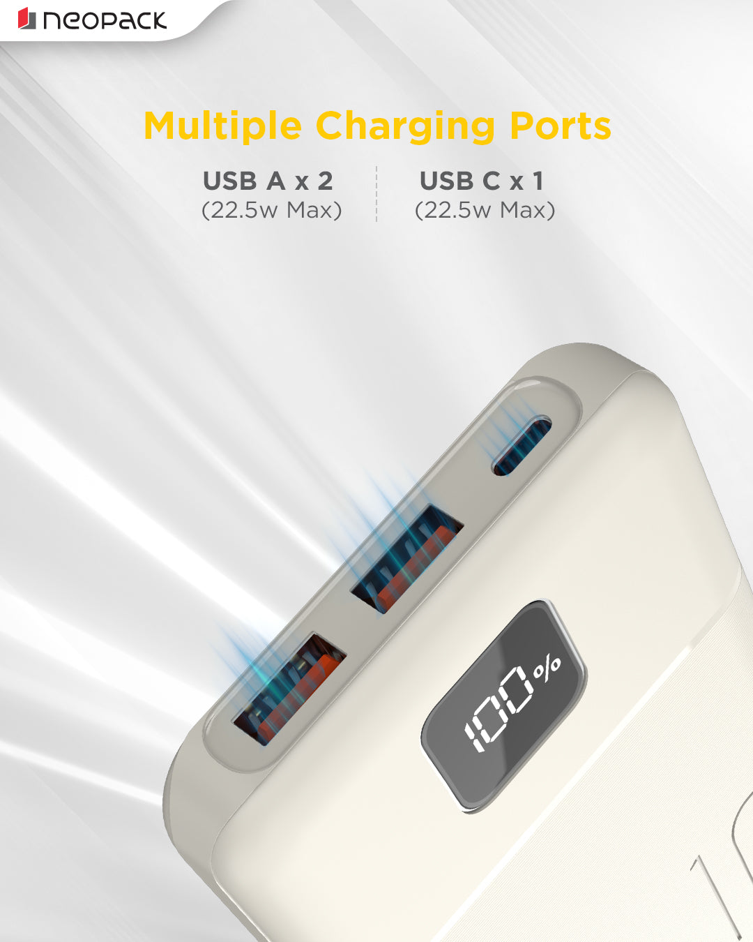 Slimline Power Bank 10000 mAH | 22.5W Fast Charging | Digital Display | Slim Pocket Size Portable Charger (Cream)