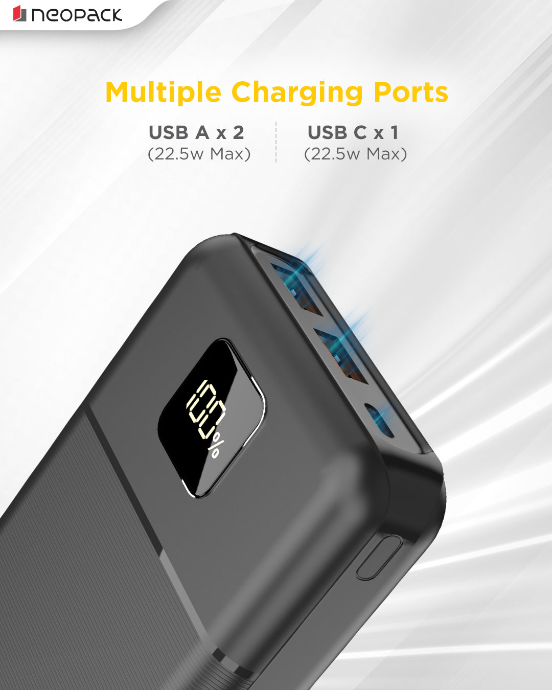 Slimline Power Bank 20000 mAH | 22.5W Fast Charging | Digital Display | Slim Pocket Size Portable Charger (Black)