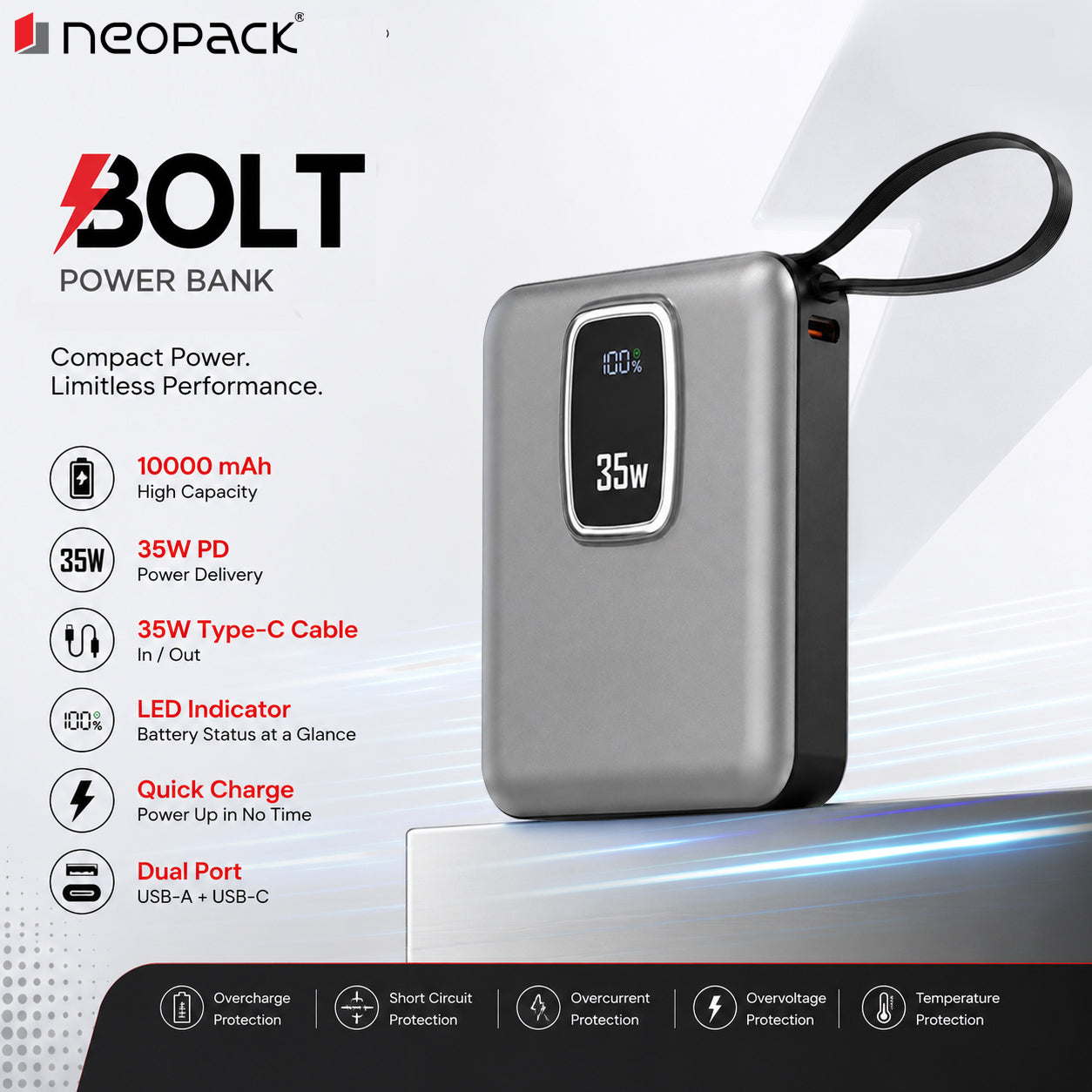 Bolt Power Bank 10000 mAh with 35W PD Fast Charging for Macbooks, Smartphones, Tablets, earbuds, smartwatches and more (Space Grey)