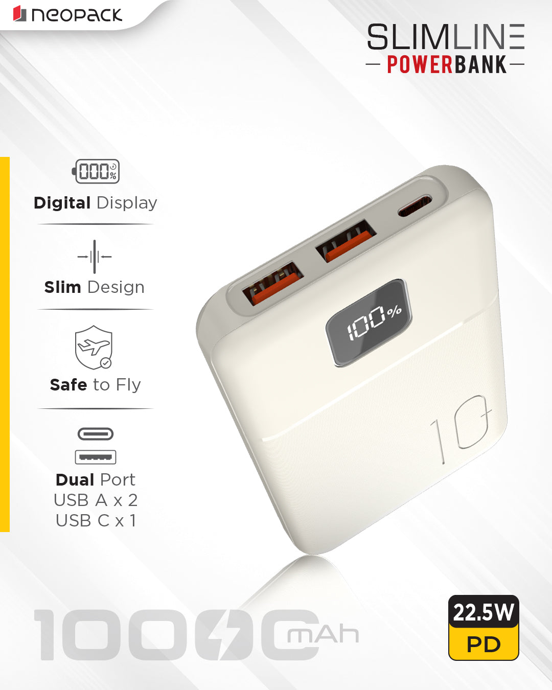 Slimline Power Bank 10000 mAH | 22.5W Fast Charging | Digital Display | Slim Pocket Size Portable Charger (Cream)