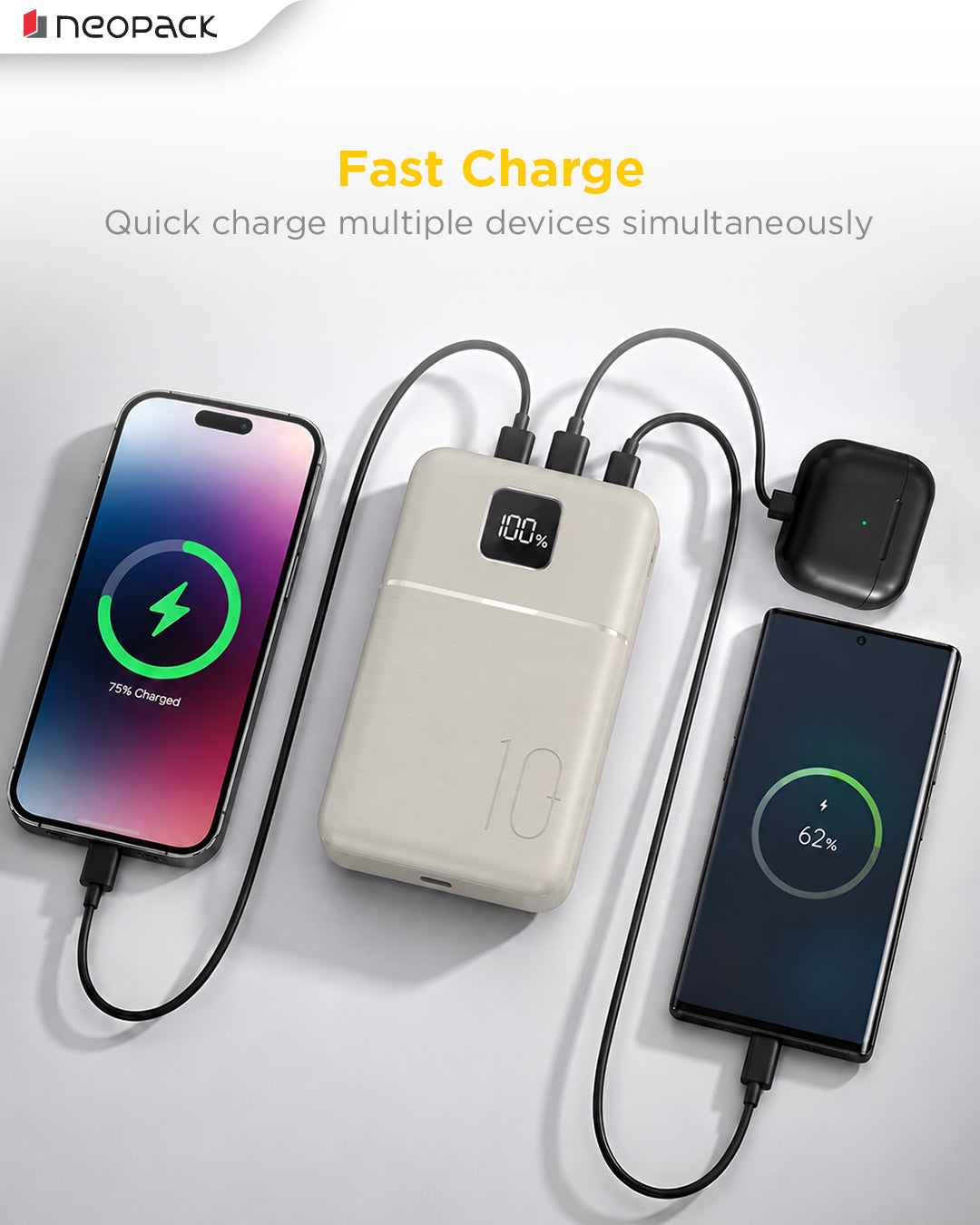 Slimline Power Bank 10000 mAH | 22.5W Fast Charging | Digital Display | Slim Pocket Size Portable Charger (Cream)
