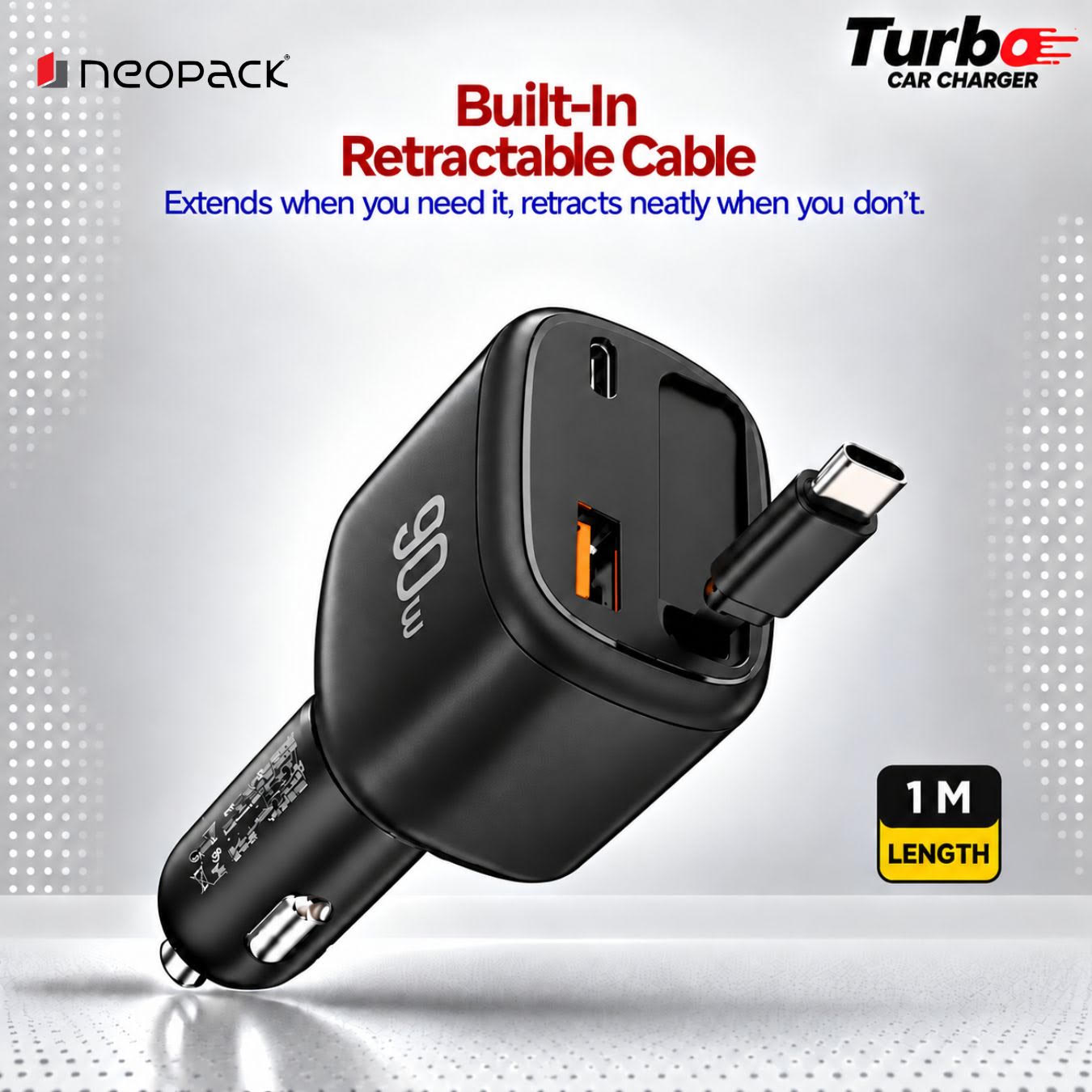 Neopack 90W Turbo Car Charger with Retractable Cable and LED Display (Black)