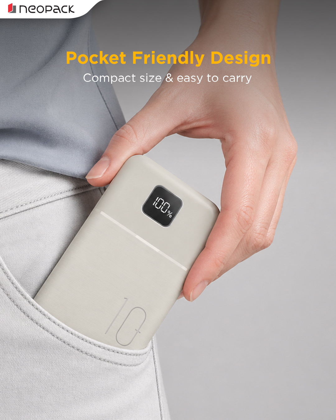 Slimline Power Bank 10000 mAH | 22.5W Fast Charging | Digital Display | Slim Pocket Size Portable Charger (Cream)
