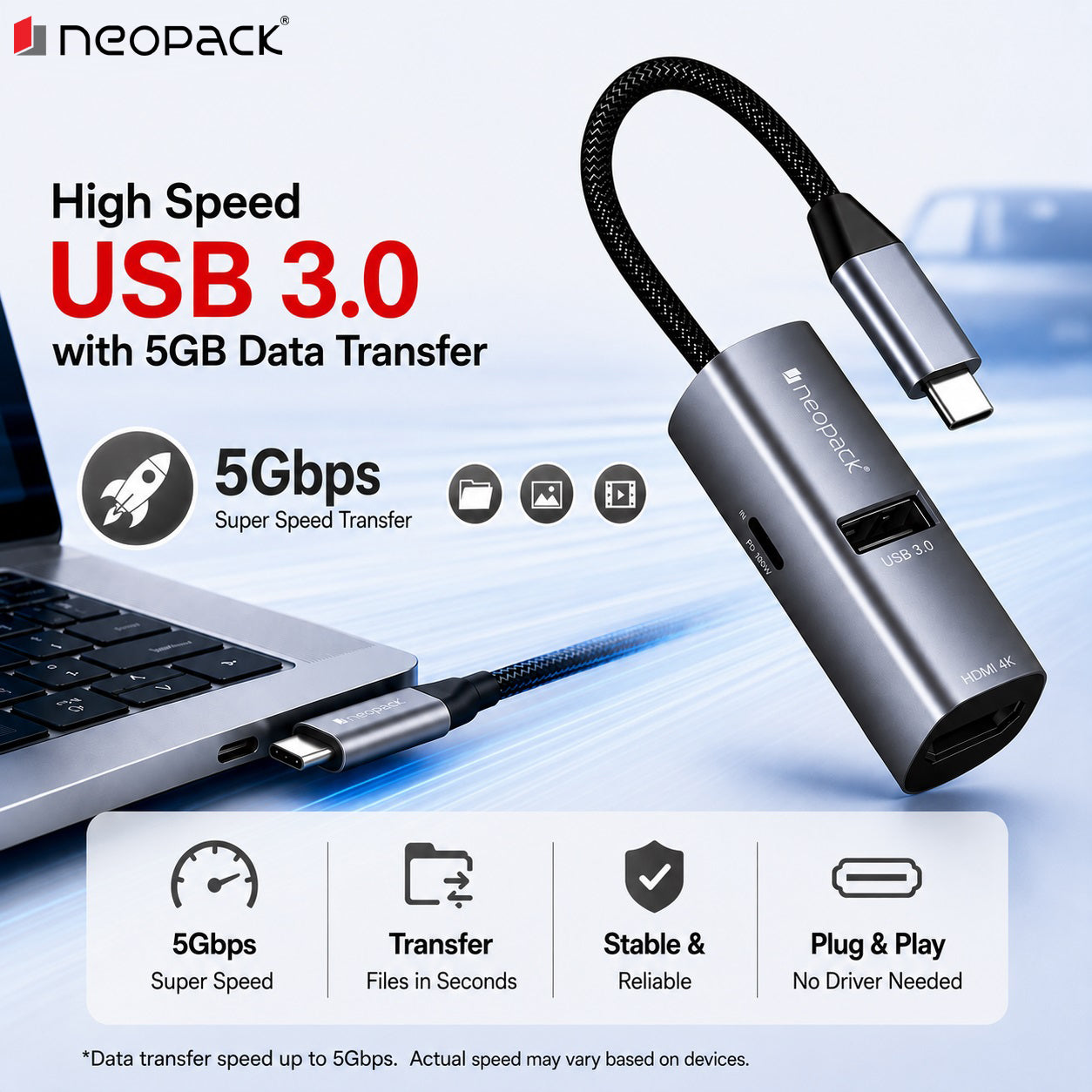 3IN1 Type-C HUB with USB 3.0, Type-C 100W PD, HDMI Ports (Space Grey)