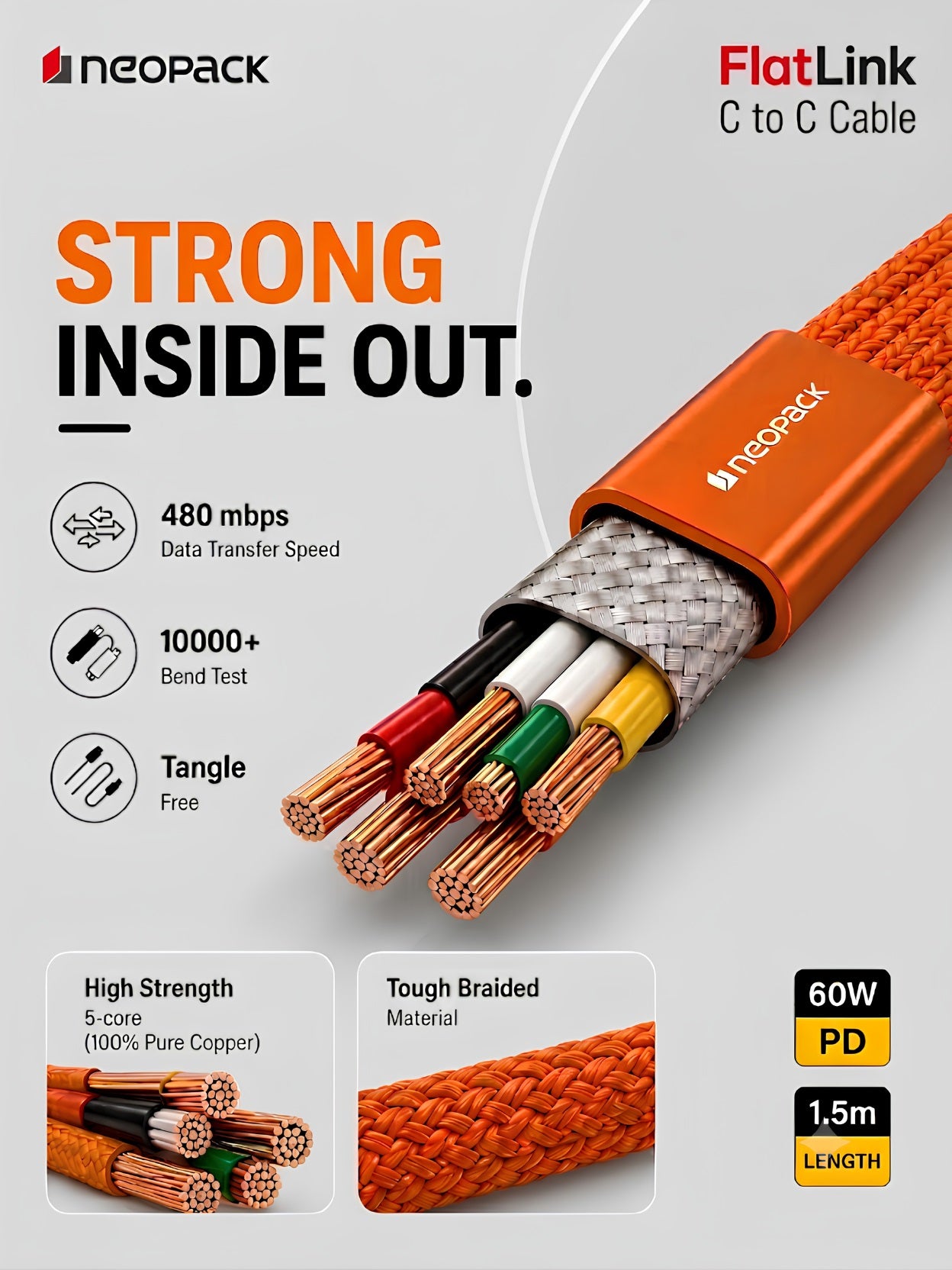 Flatlink Type-C to C 60W PD Fast Charging Cable with Braided Design & 480Mbps Data Sync 1.5M (Orange)