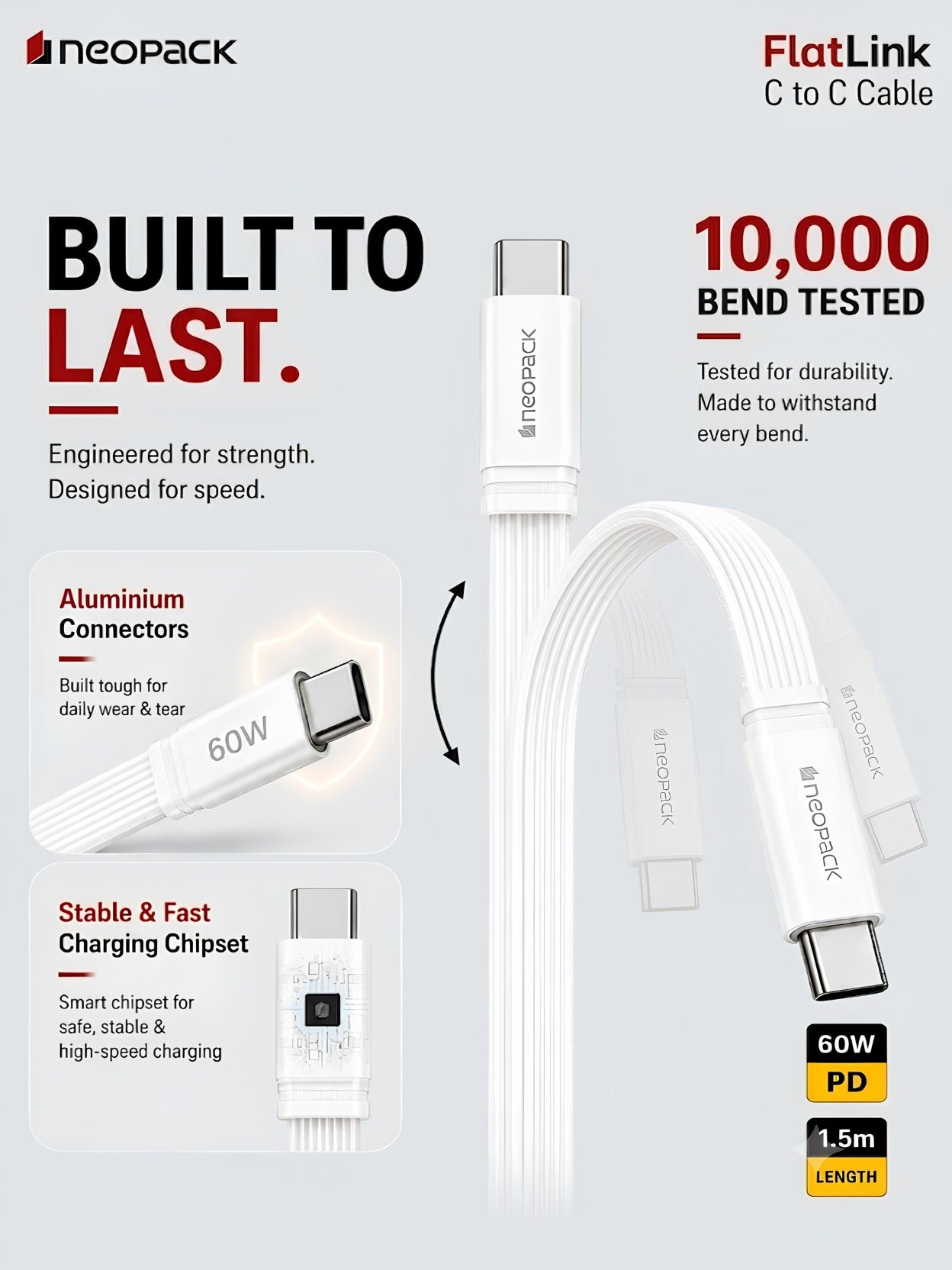 Flatlink Type-C to C 60W PD Fast Charging Cable with Braided Design & 480Mbps Data Sync 1.5M (White)