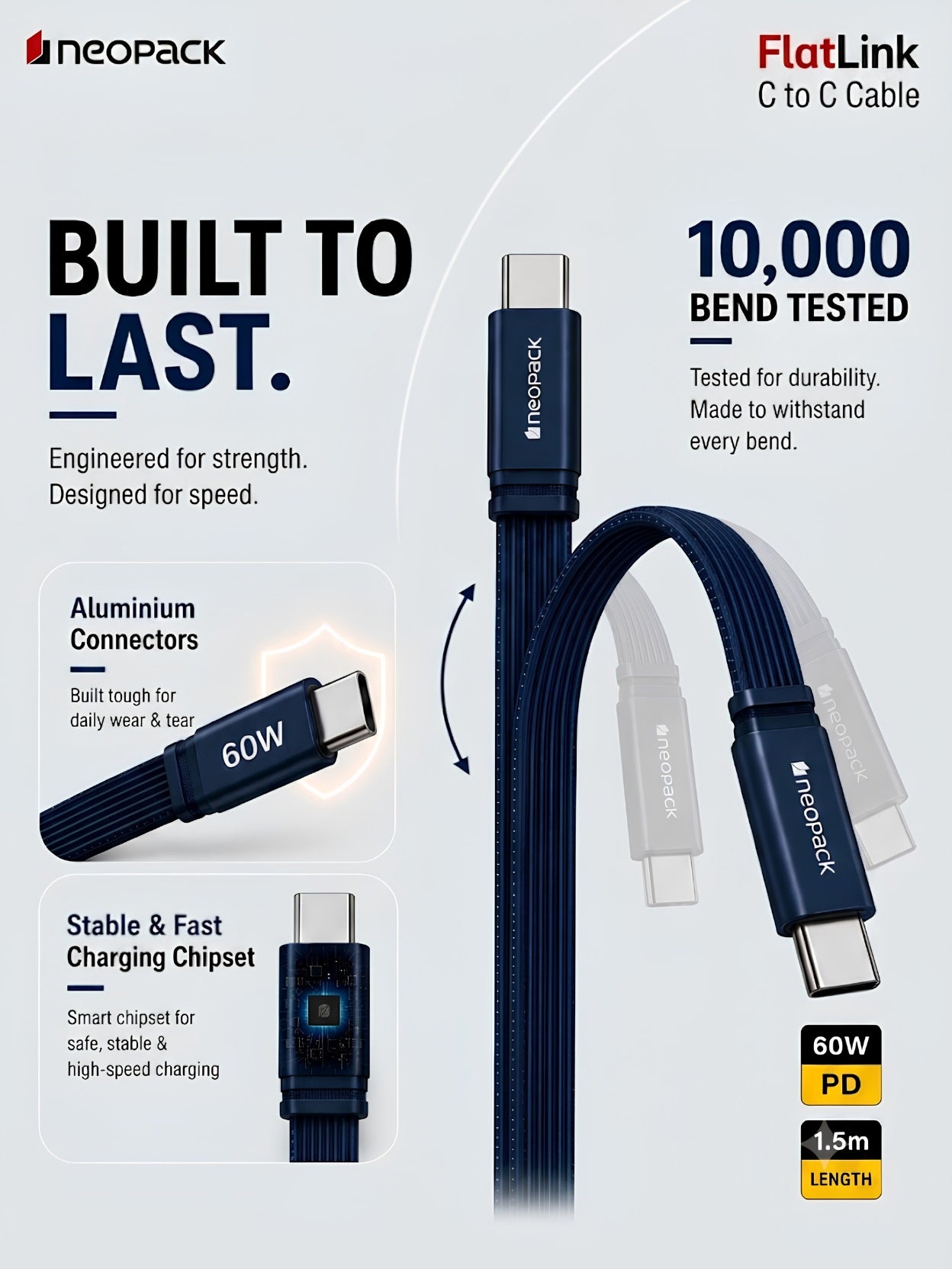 Flatlink Type-C to C 60W PD Fast Charging Cable with Braided Design & 480Mbps Data Sync 1.5M (Blue)