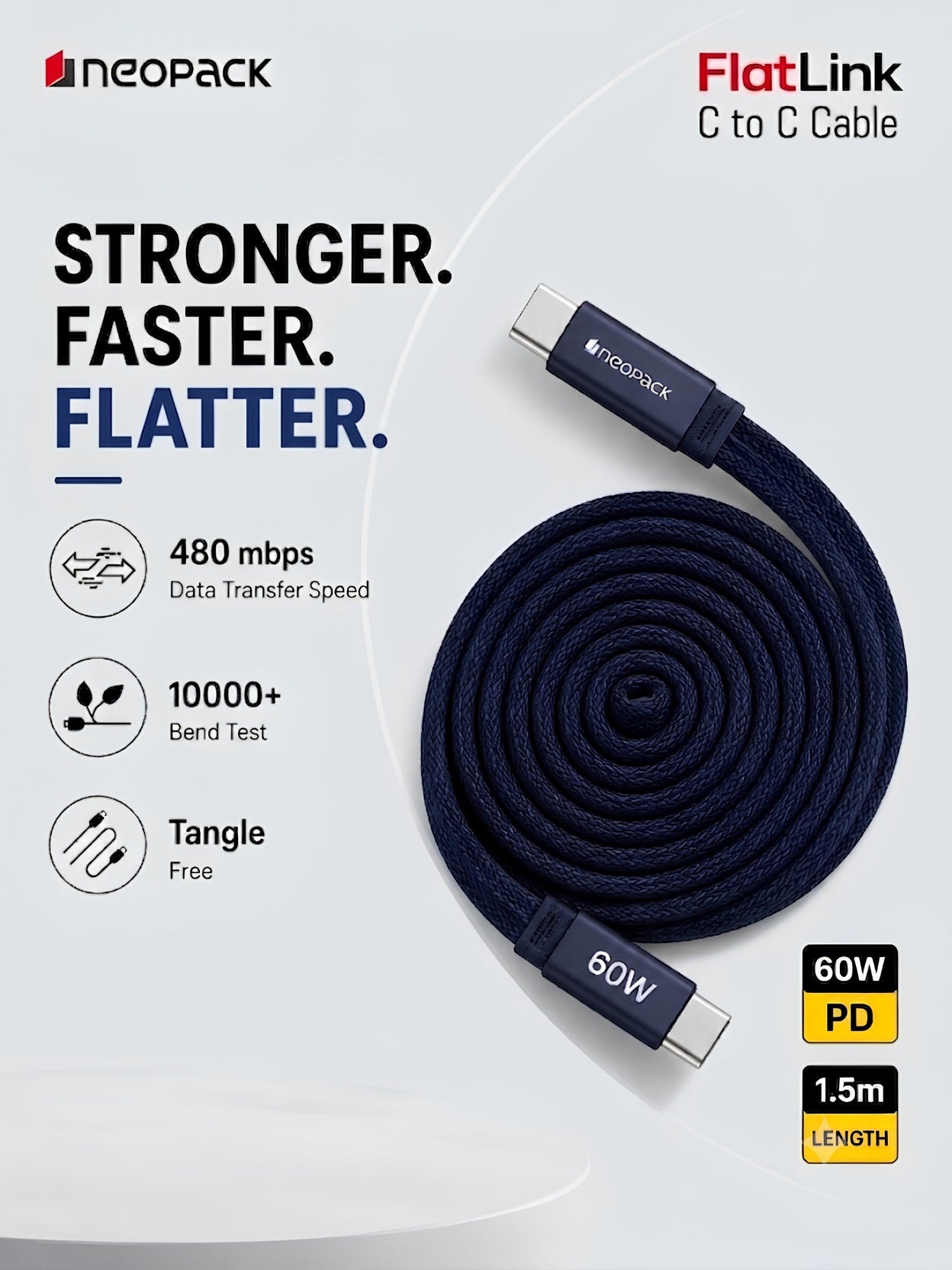 Flatlink Type-C to C 60W PD Fast Charging Cable with Braided Design & 480Mbps Data Sync 1.5M (Blue)