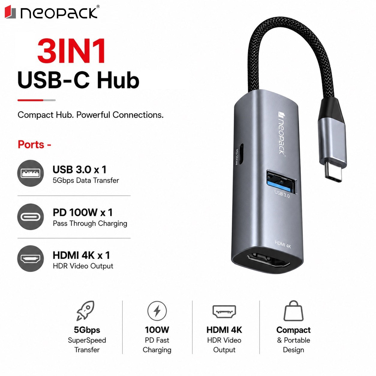 3IN1 Type-C HUB with USB 3.0, Type-C 100W PD, HDMI Ports (Space Grey)